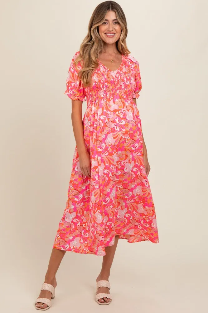 Fuchsia Floral Smocked Ruffle Short Sleeve Maternity Midi Dress sold by Pinkblush