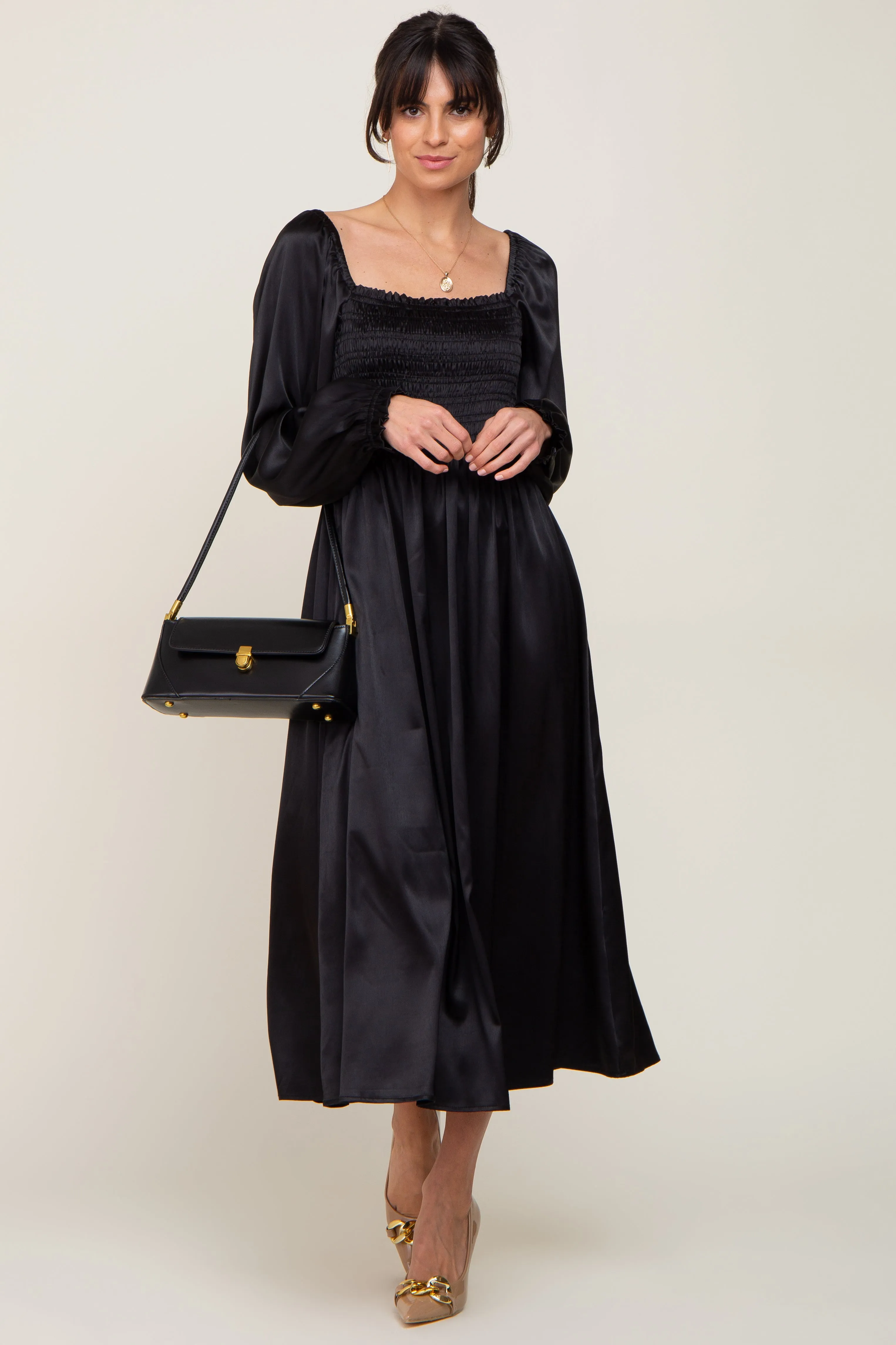 Black Smocked Square Neck Satin Midi Dress sold by Pinkblush product image thumbnail 4
