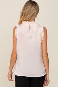Beige Ruffle Mock Neck Sleeveless Satin Maternity Blouse sold by Pinkblush