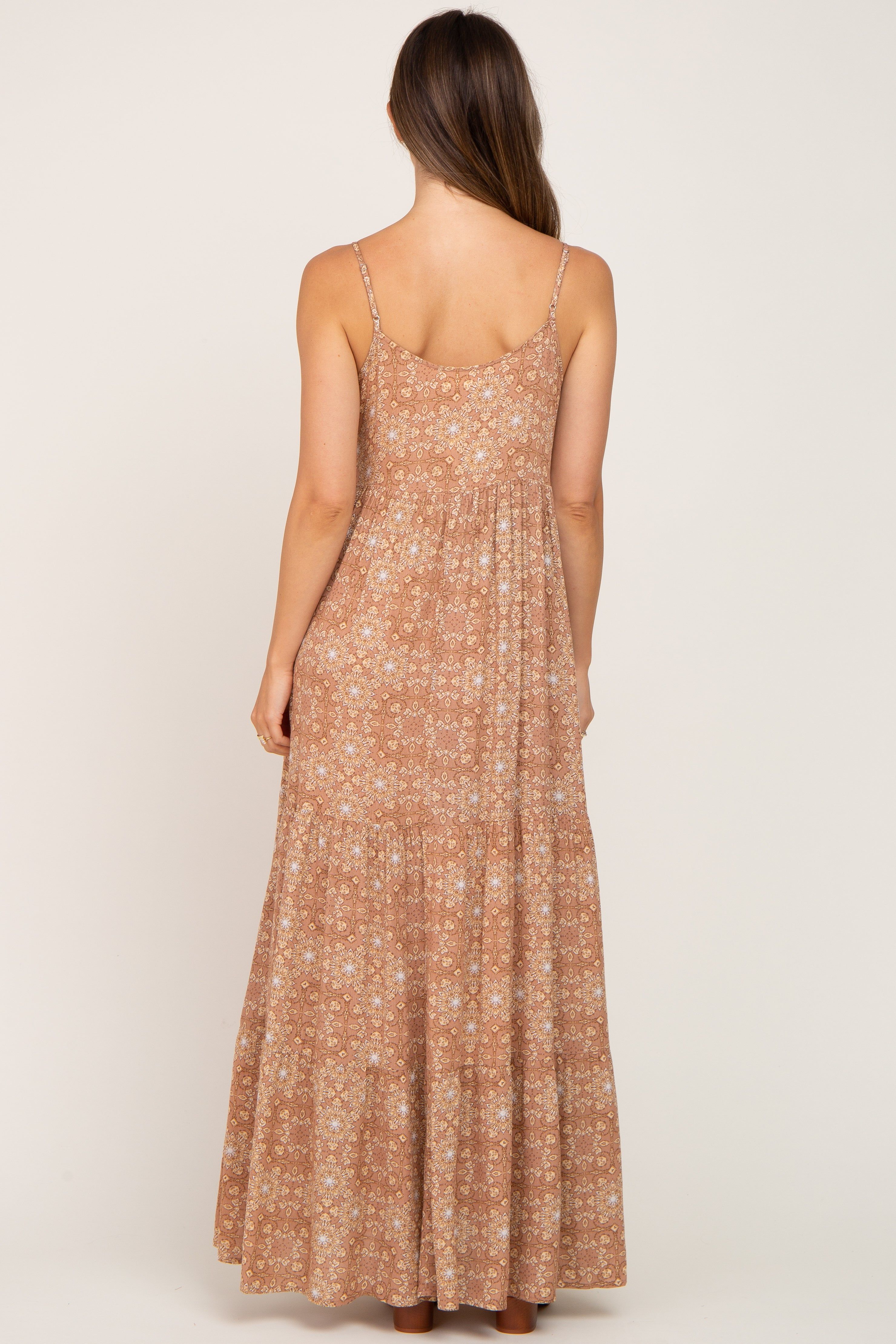 Camel Floral Tiered Front Tie Maternity Maxi Dress sold by Pinkblush product image thumbnail 3