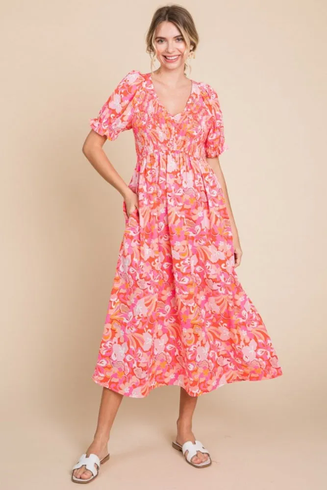 Fuchsia Floral Smocked Ruffle Short Sleeve Maternity Midi Dress sold by Pinkblush product image thumbnail 5