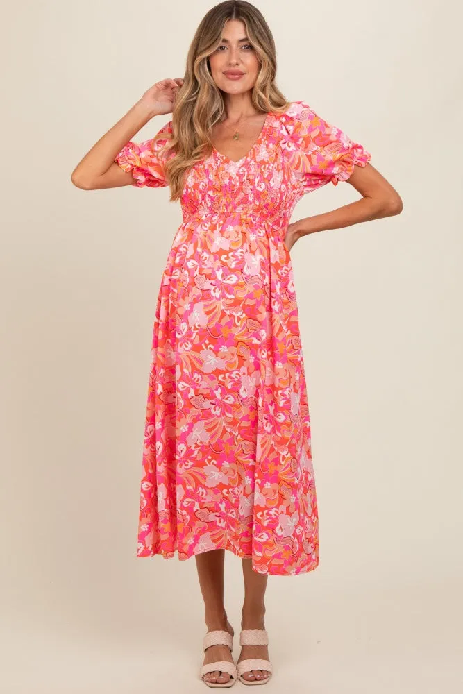 Fuchsia Floral Smocked Ruffle Short Sleeve Maternity Midi Dress sold by Pinkblush product image thumbnail 2