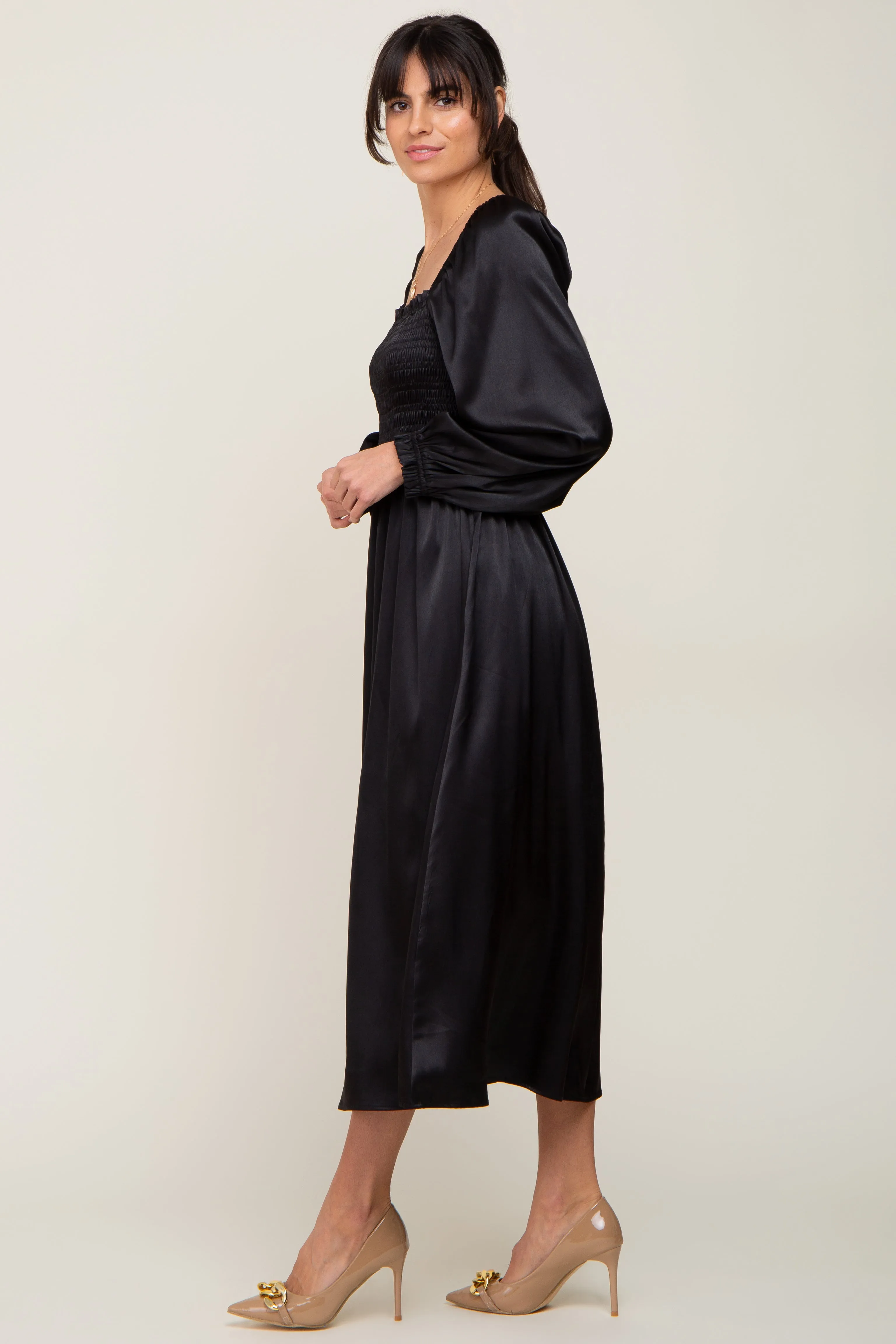 Black Smocked Square Neck Satin Midi Dress sold by Pinkblush product image thumbnail 2