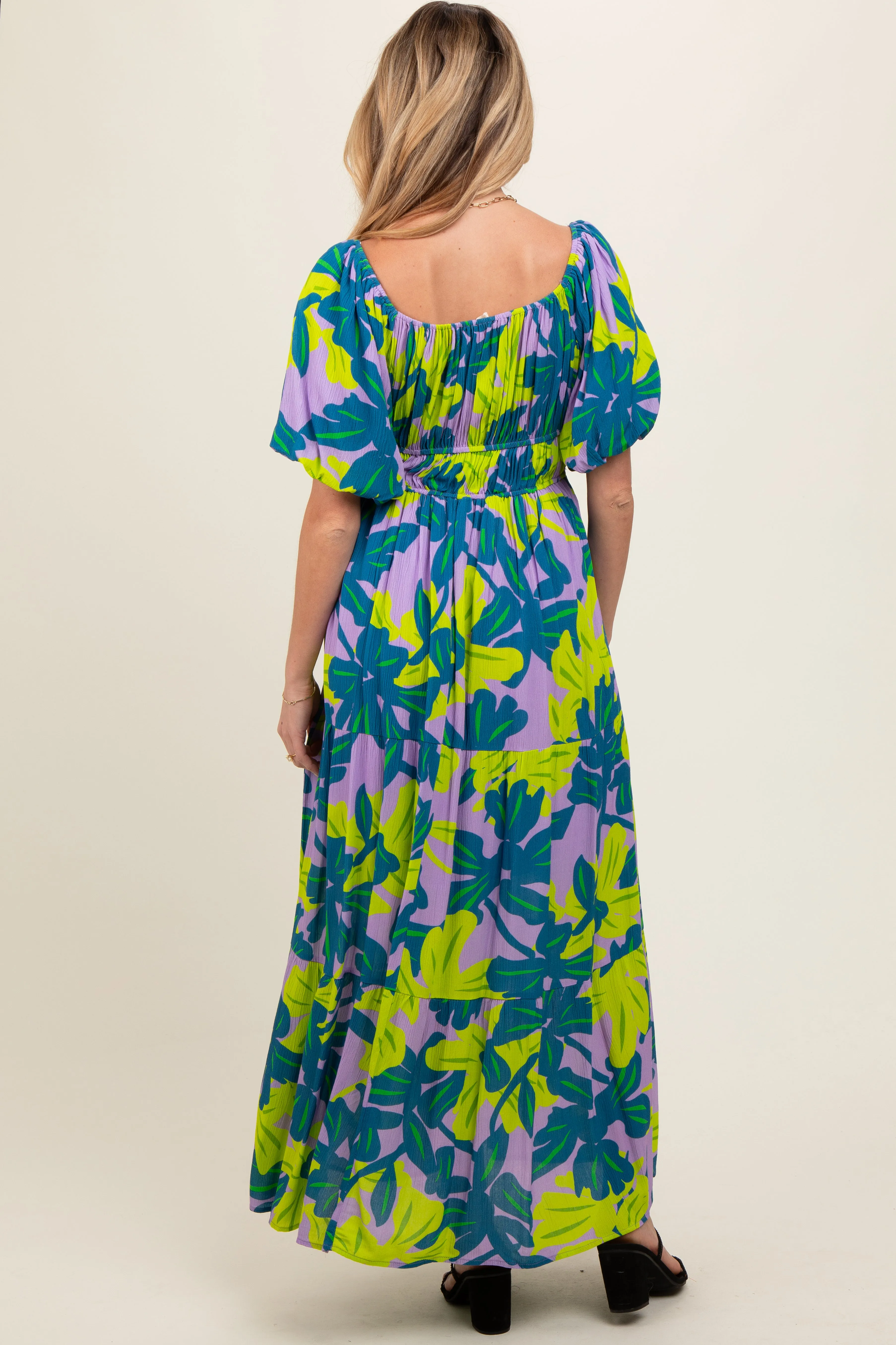 Teal Leaf Print Printed Puff Sleeve Maternity Maxi Dress sold by Pinkblush product image thumbnail 4