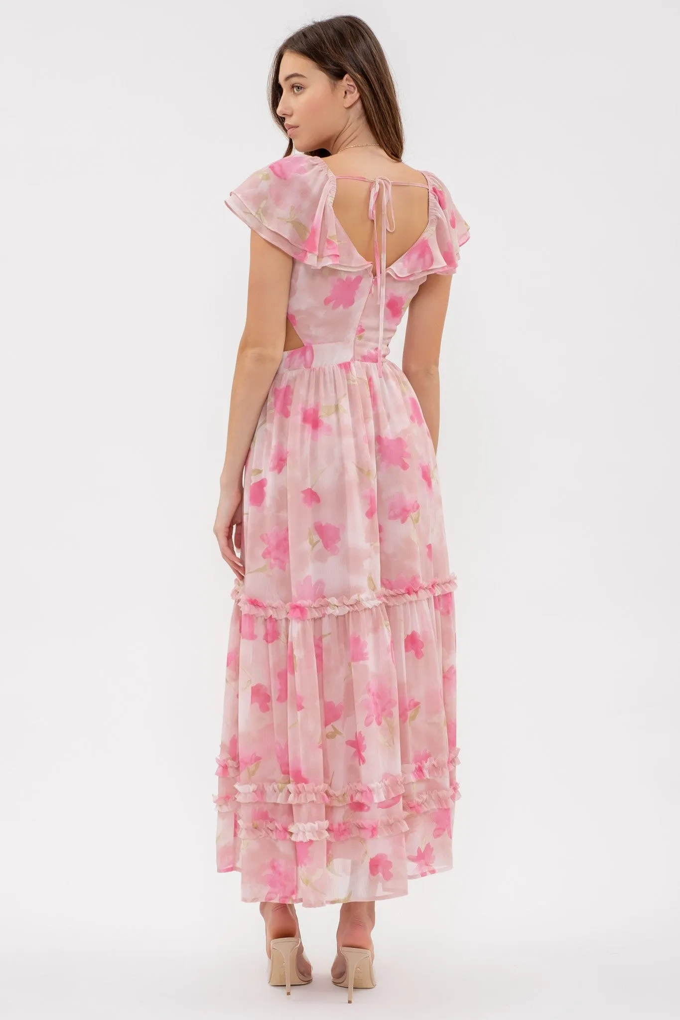 Dusty Rose Multi Floral Waist Cut Out Ruffle Midi Dress sold by Pinkblush product image thumbnail 3