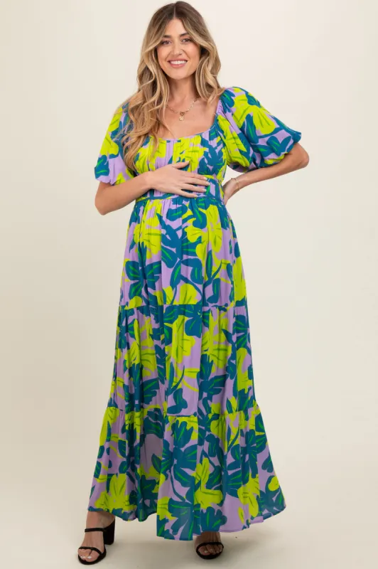 Teal Leaf Print Printed Puff Sleeve Maternity Maxi Dress sold by Pinkblush