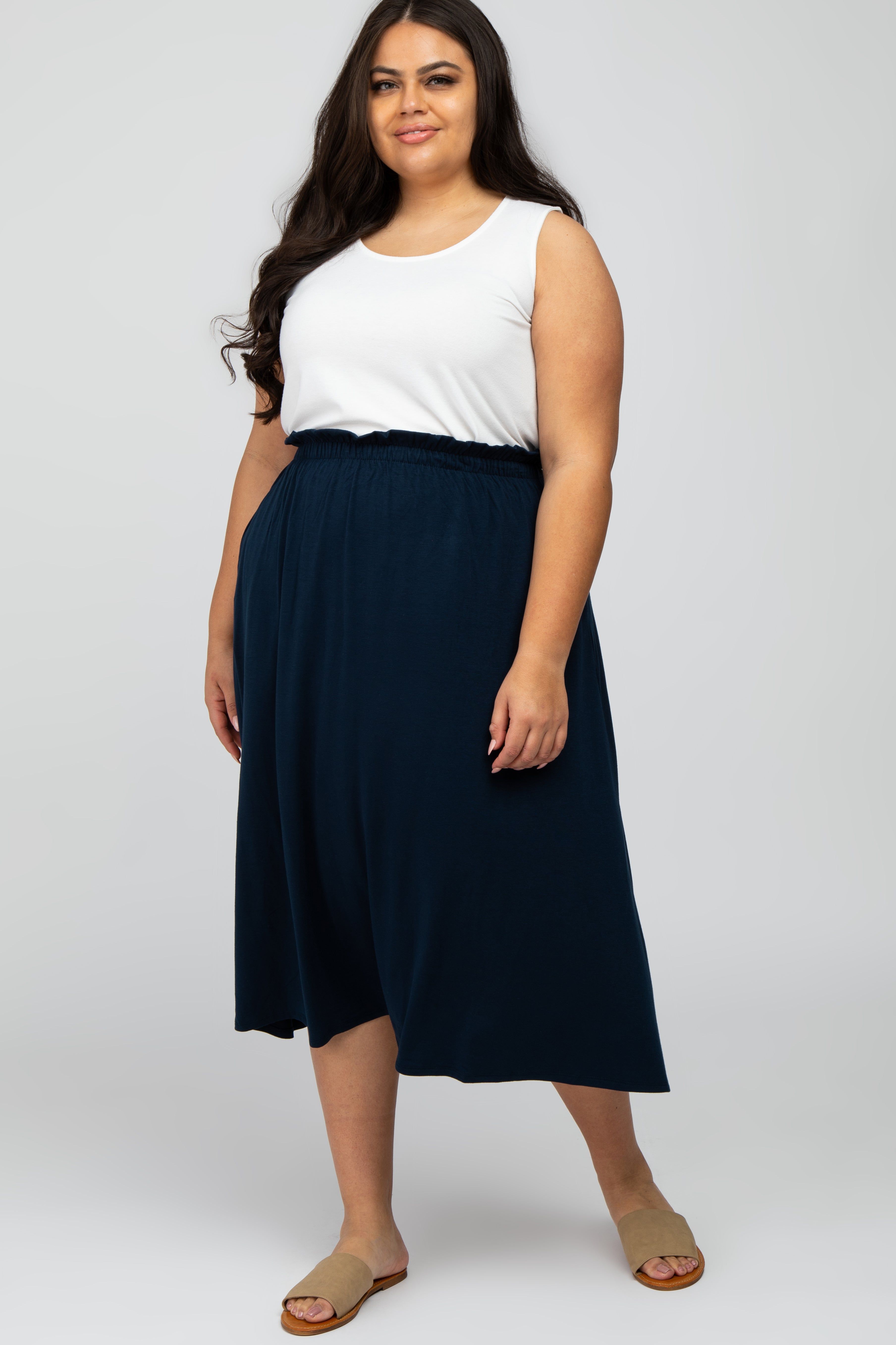 Navy Blue Gathered Waist Plus Midi Skirt sold by Pinkblush