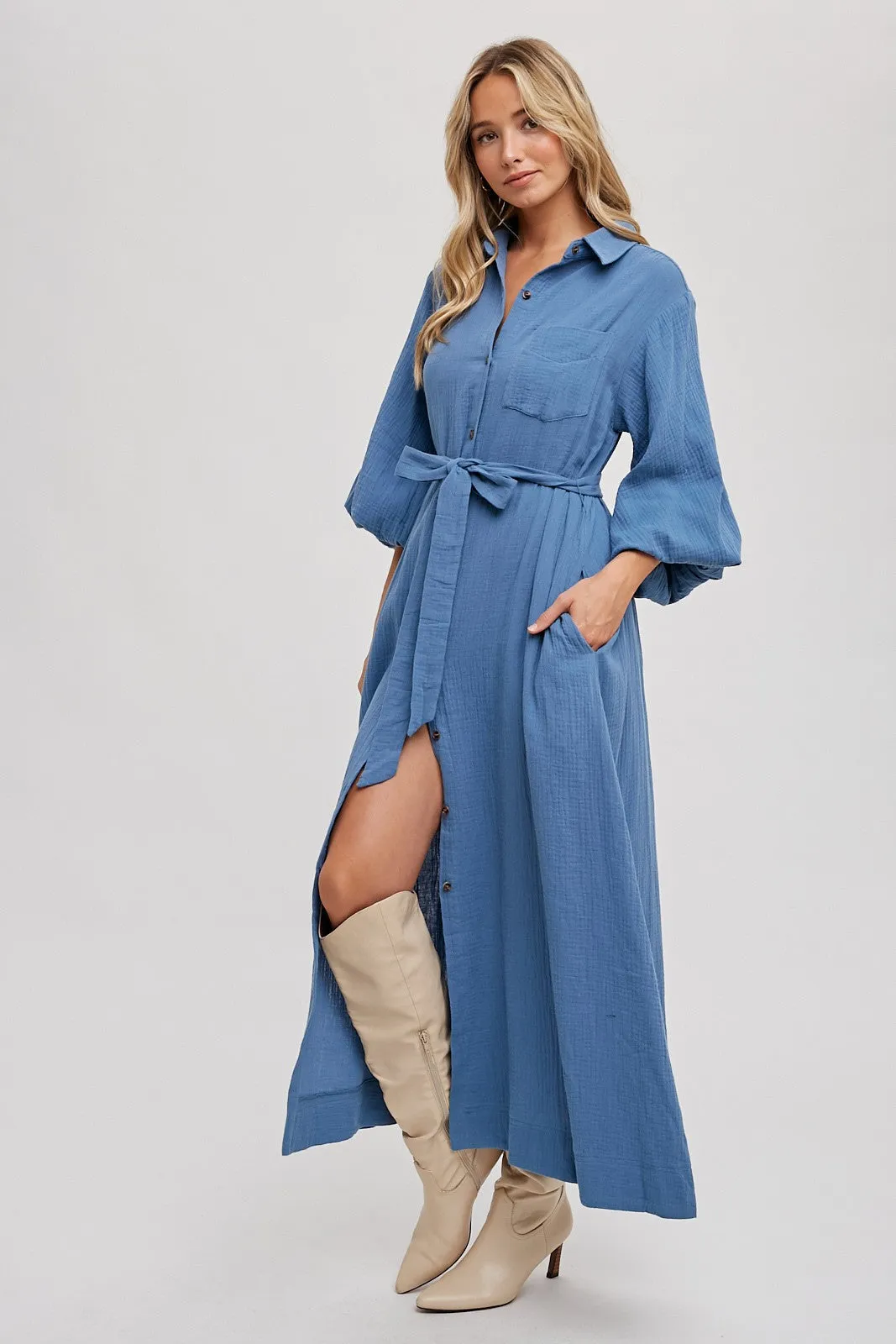 Blue Gauze Belted Shirt Midi Dress sold by Pinkblush product image thumbnail 2
