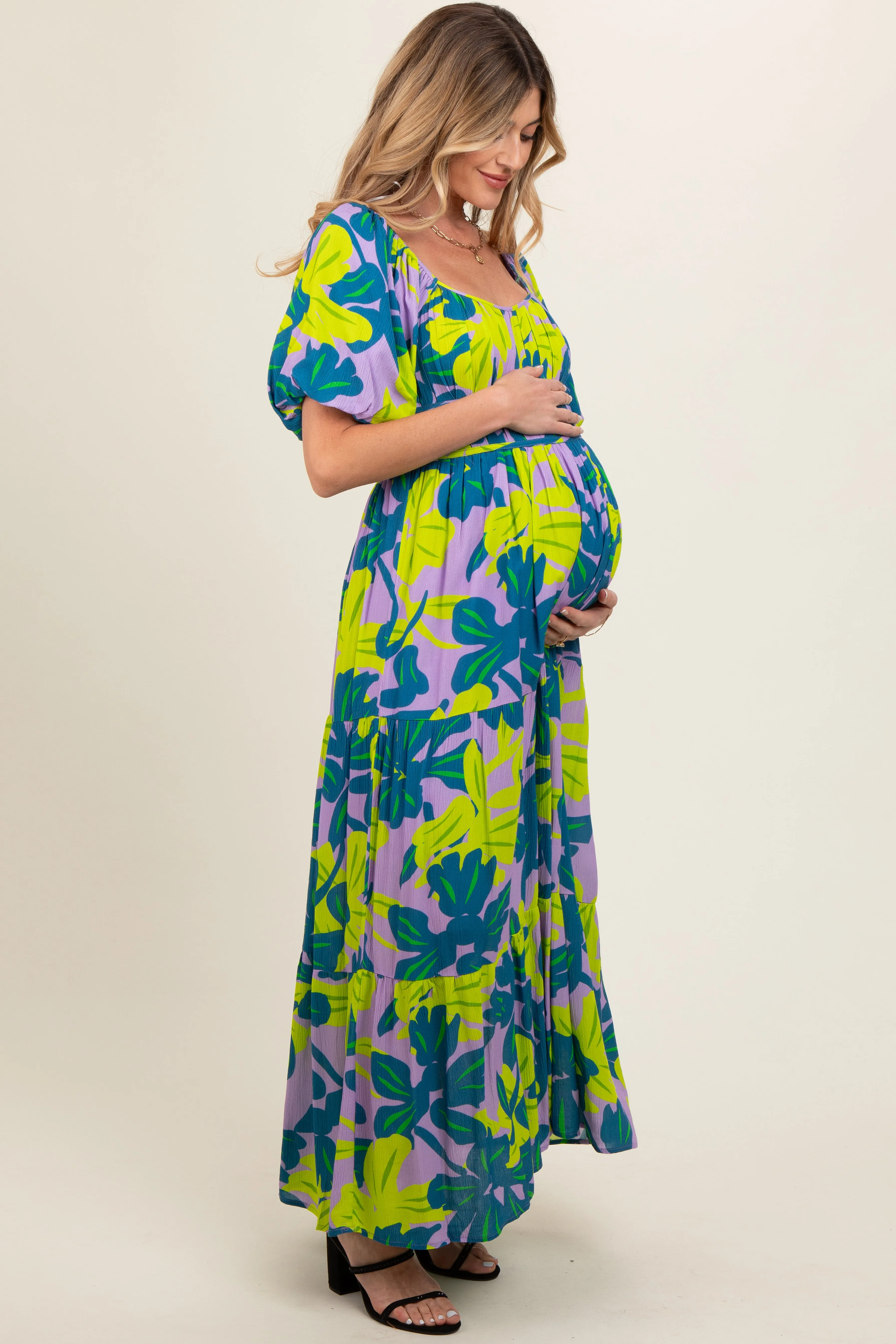 Teal Leaf Print Printed Puff Sleeve Maternity Maxi Dress sold by Pinkblush product image thumbnail 3