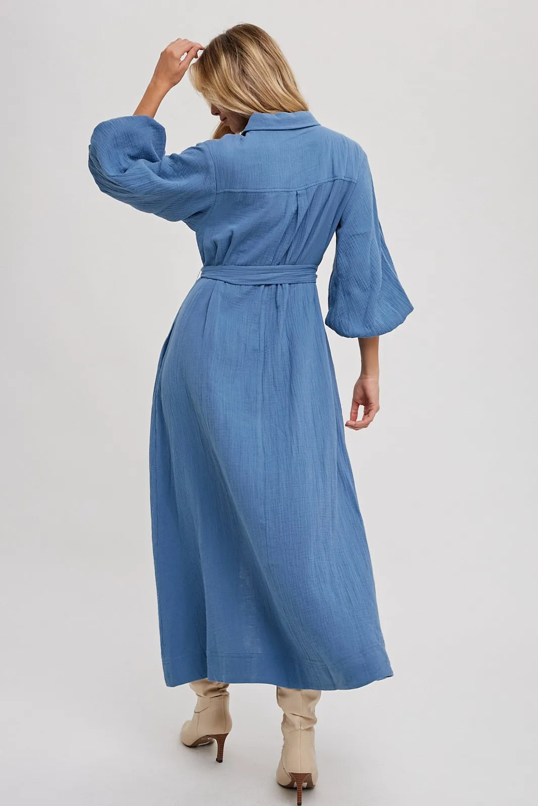 Blue Gauze Belted Shirt Midi Dress sold by Pinkblush product image thumbnail 3