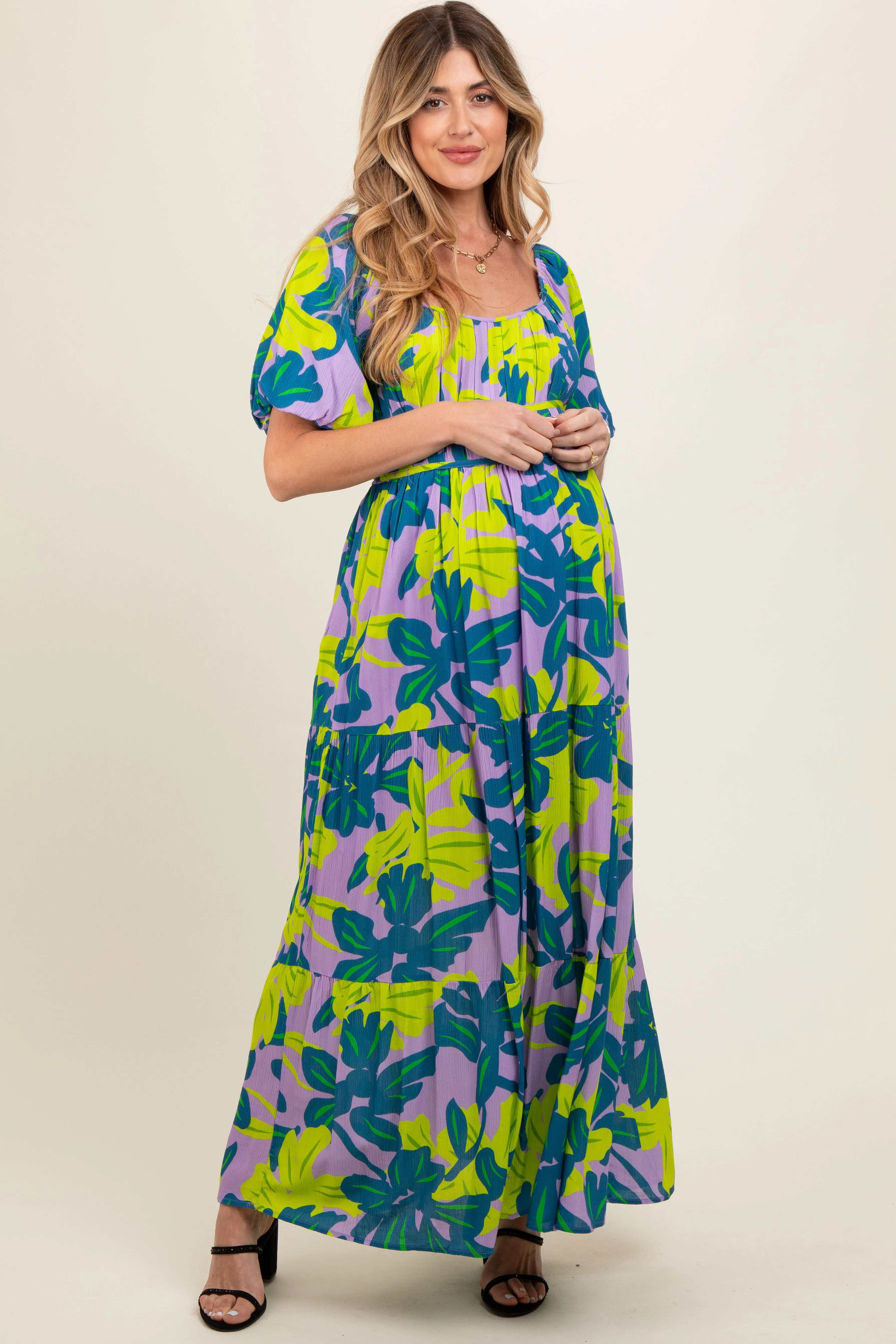 Teal Leaf Print Printed Puff Sleeve Maternity Maxi Dress sold by Pinkblush product image thumbnail 2