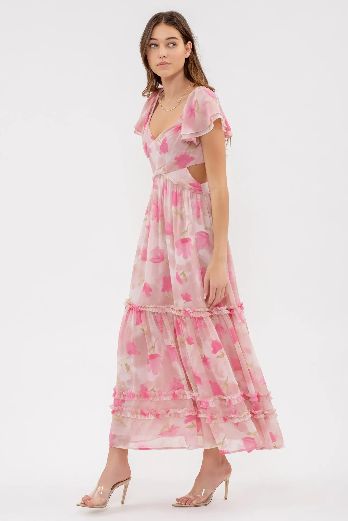 Dusty Rose Multi Floral Waist Cut Out Ruffle Midi Dress sold by Pinkblush product image thumbnail 2