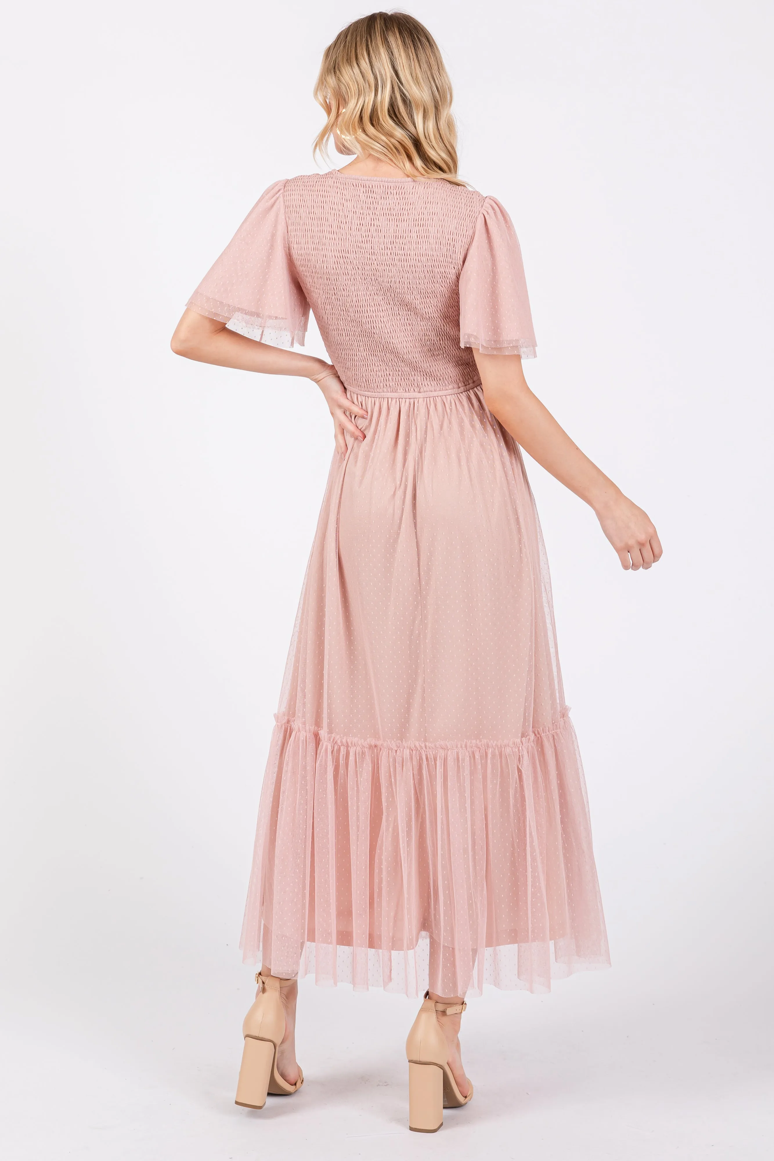 Light Pink Mesh Smocked Midi Dress sold by Pinkblush product image thumbnail 3
