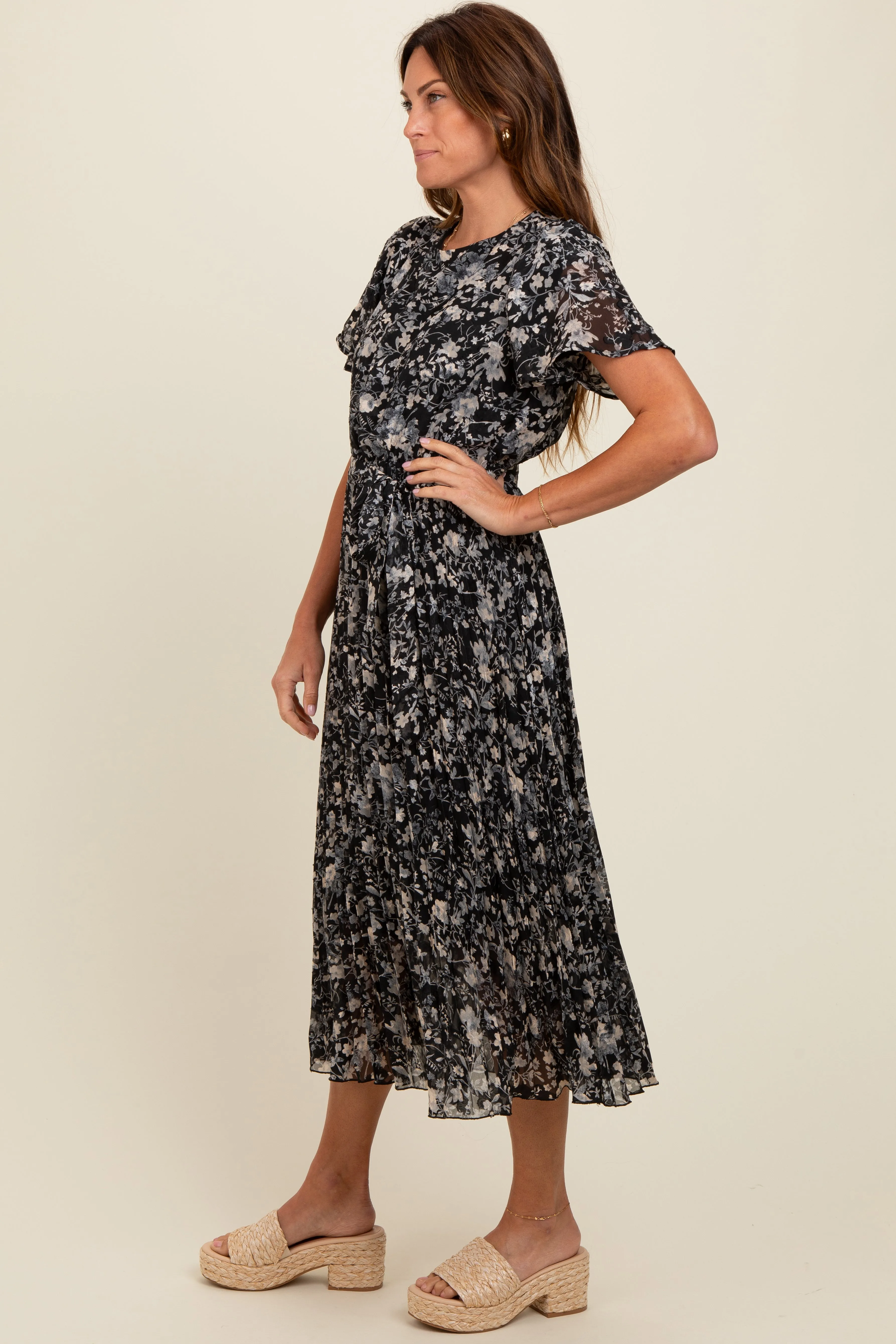 Black Floral Pleated Midi Dress sold by Pinkblush product image thumbnail 3