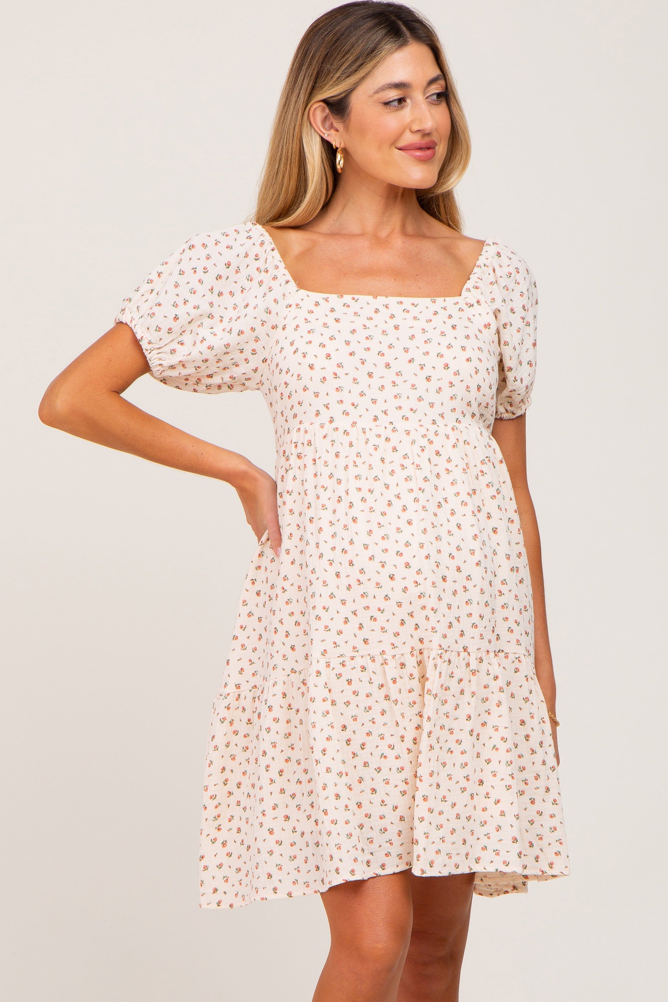 Cream Floral Puff Sleeve Maternity Dress sold by Pinkblush