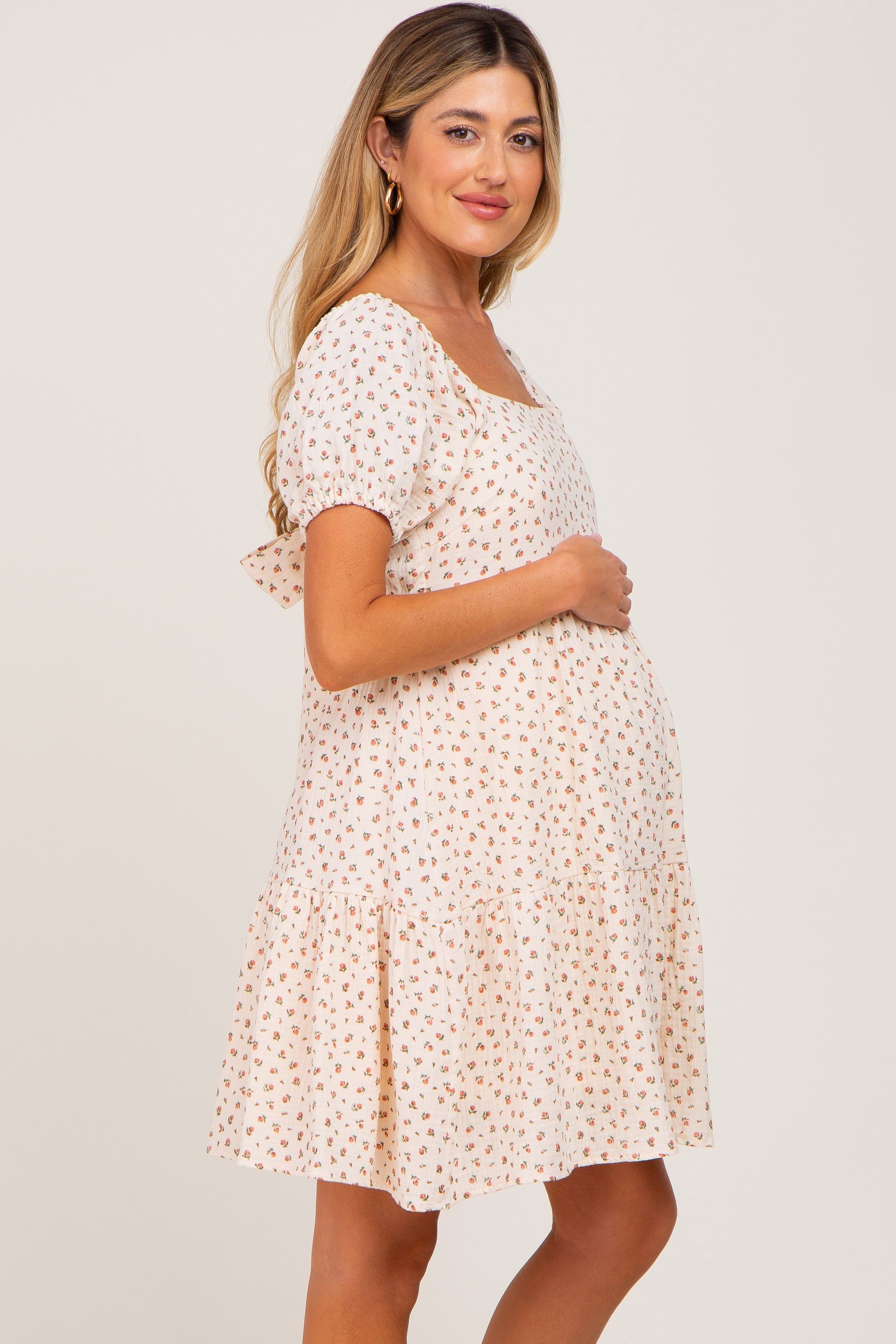 Cream Floral Puff Sleeve Maternity Dress sold by Pinkblush product image thumbnail 2