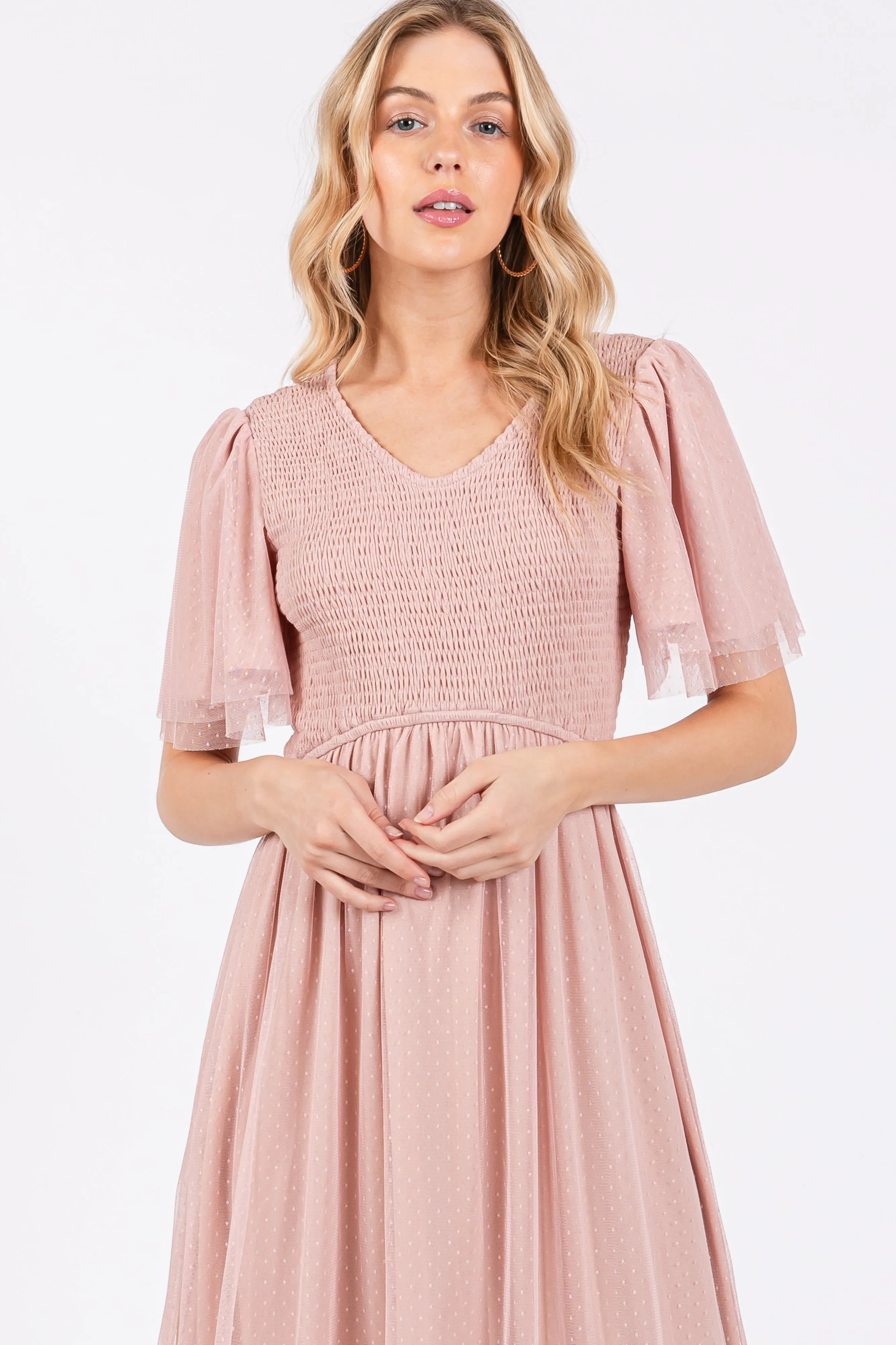 Light Pink Mesh Smocked Midi Dress sold by Pinkblush product image thumbnail 4