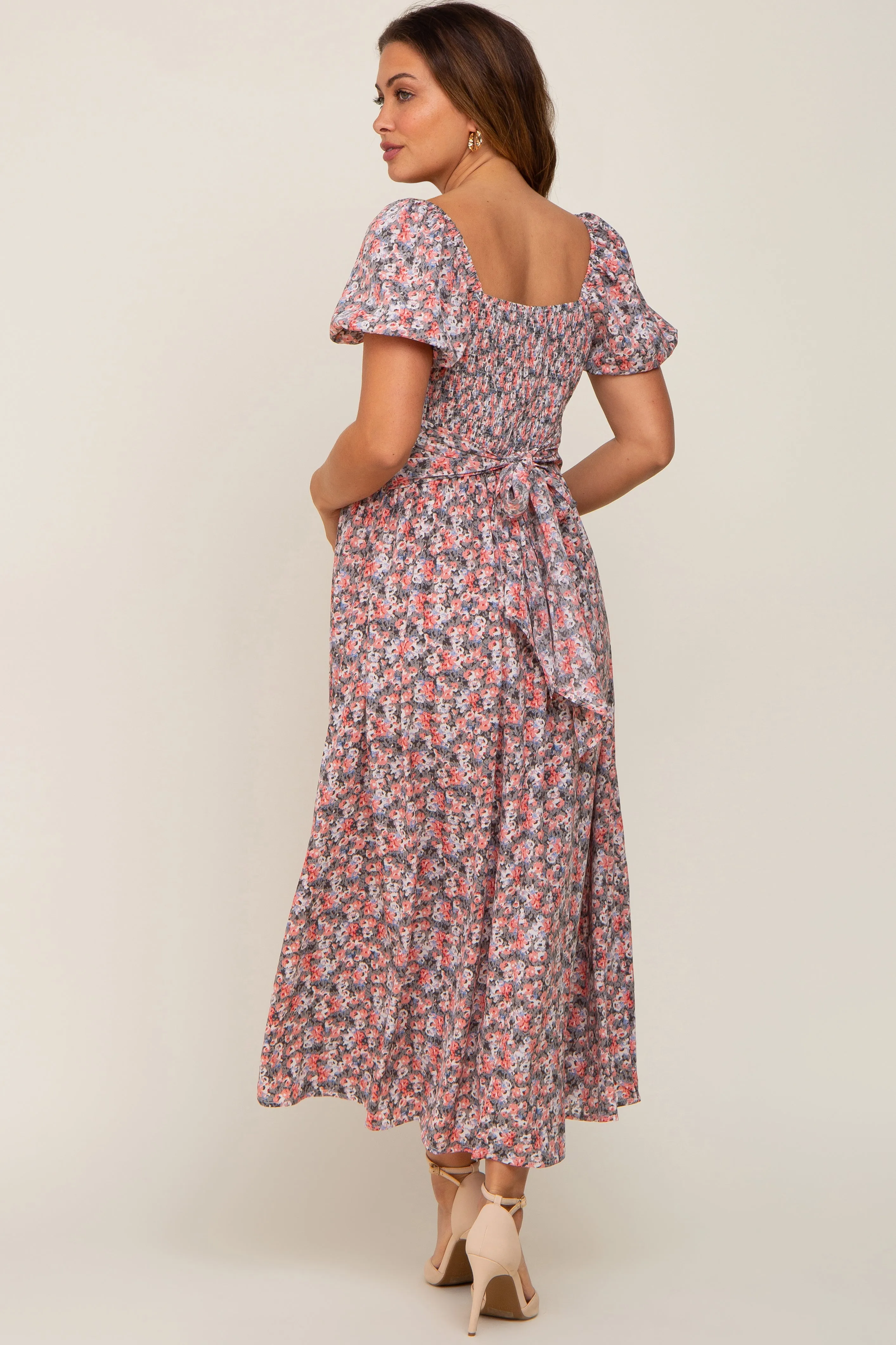 Coral Abstract Floral Smocked Maternity Midi Dress sold by Pinkblush product image thumbnail 4