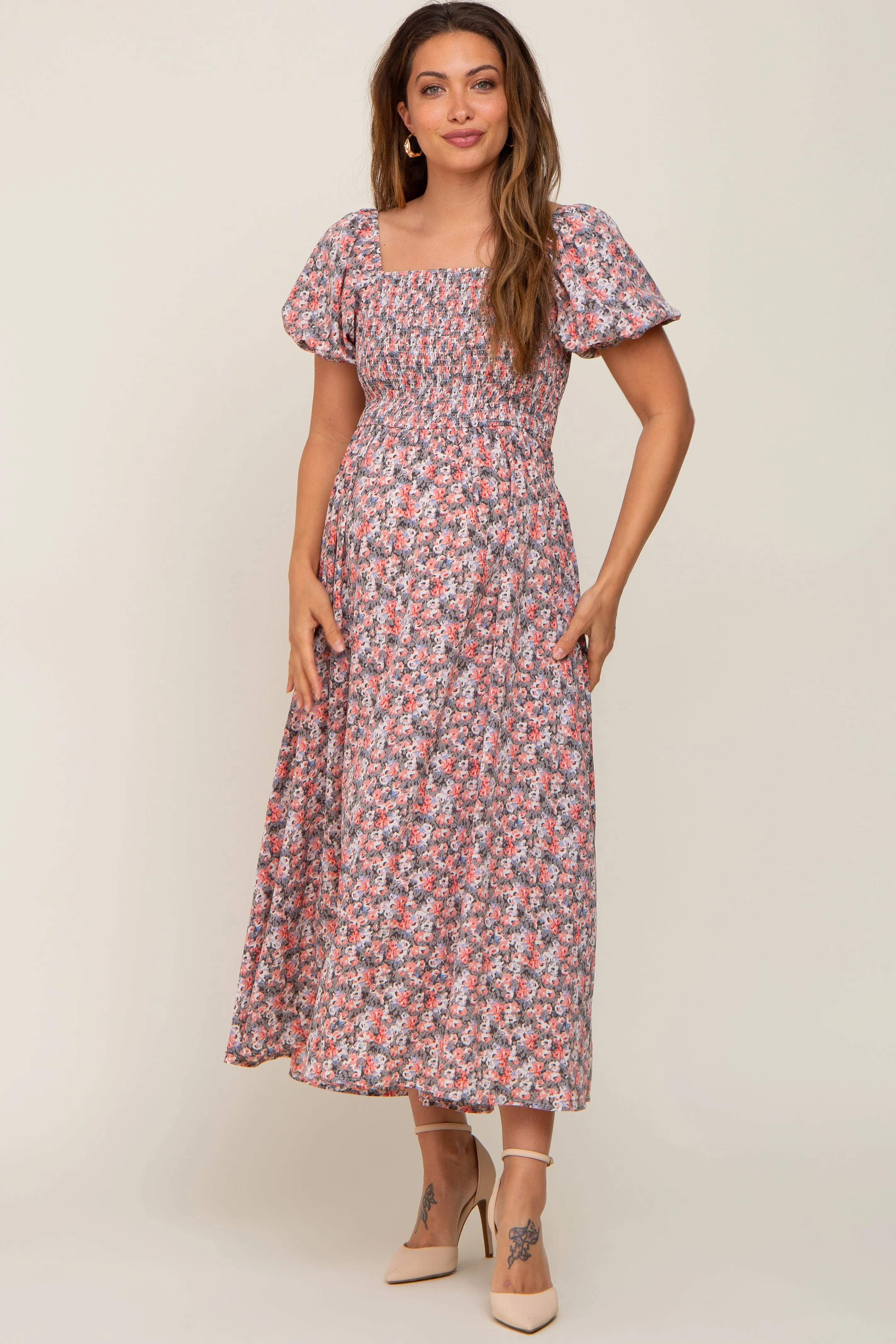 Coral Abstract Floral Smocked Maternity Midi Dress sold by Pinkblush