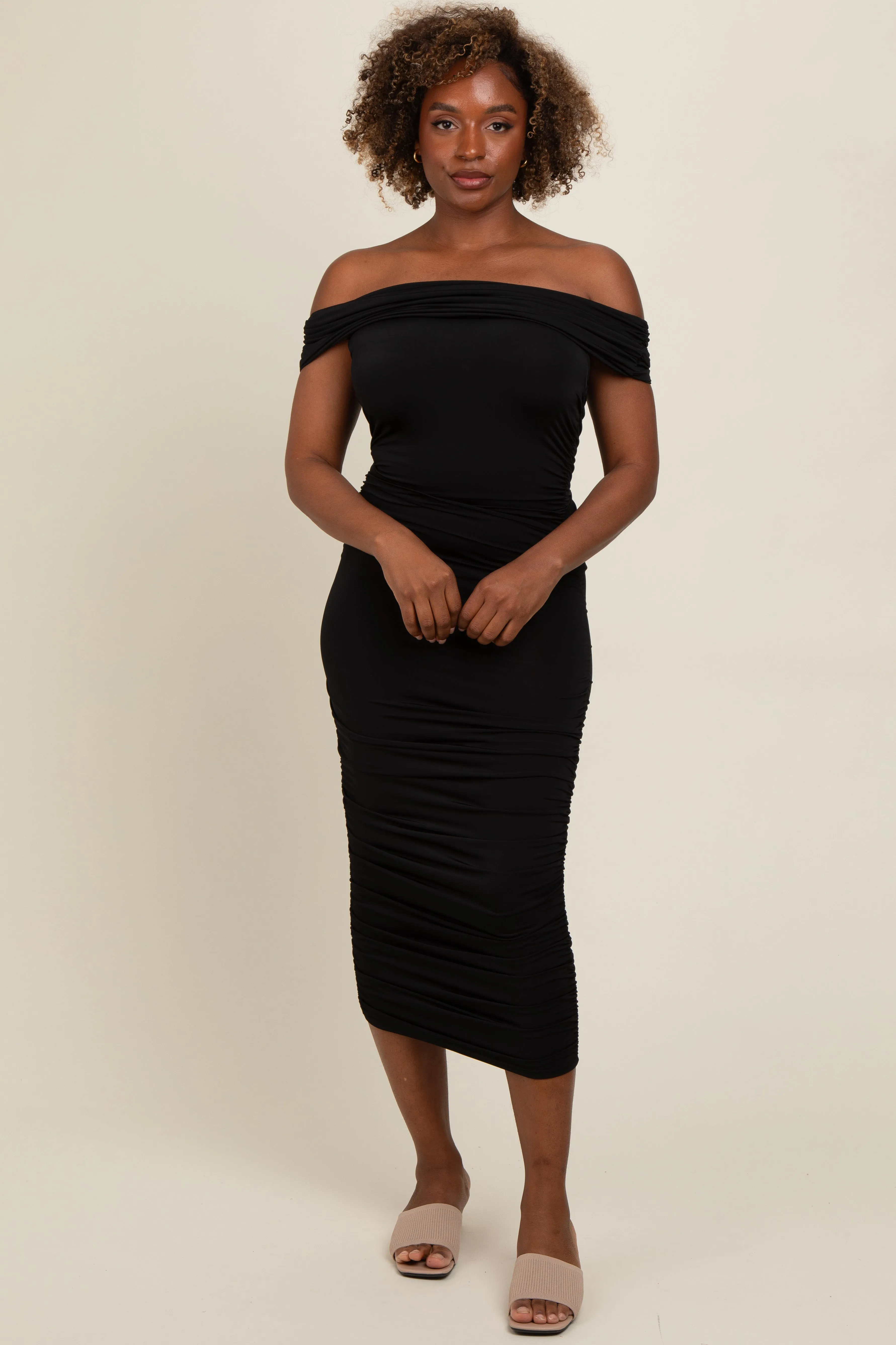 Black Off Shoulder Ruched Midi Dress sold by Pinkblush