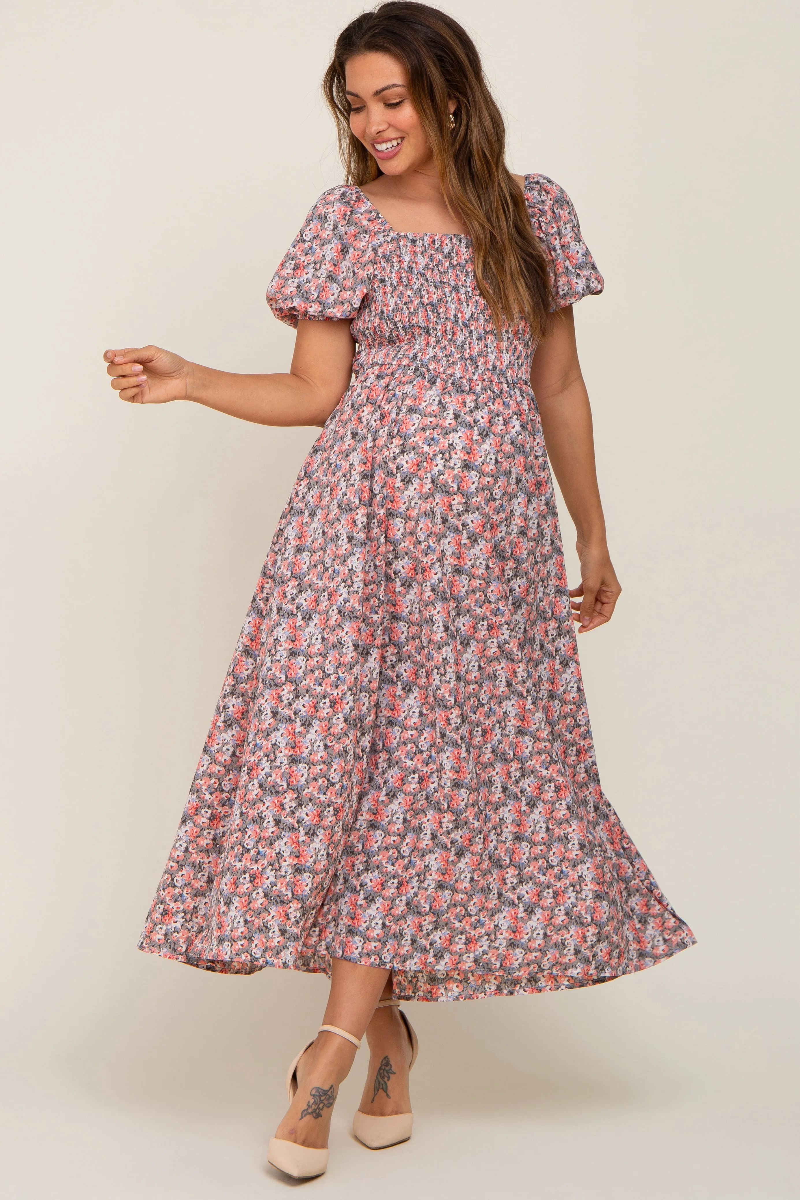 Coral Abstract Floral Smocked Maternity Midi Dress sold by Pinkblush product image thumbnail 2