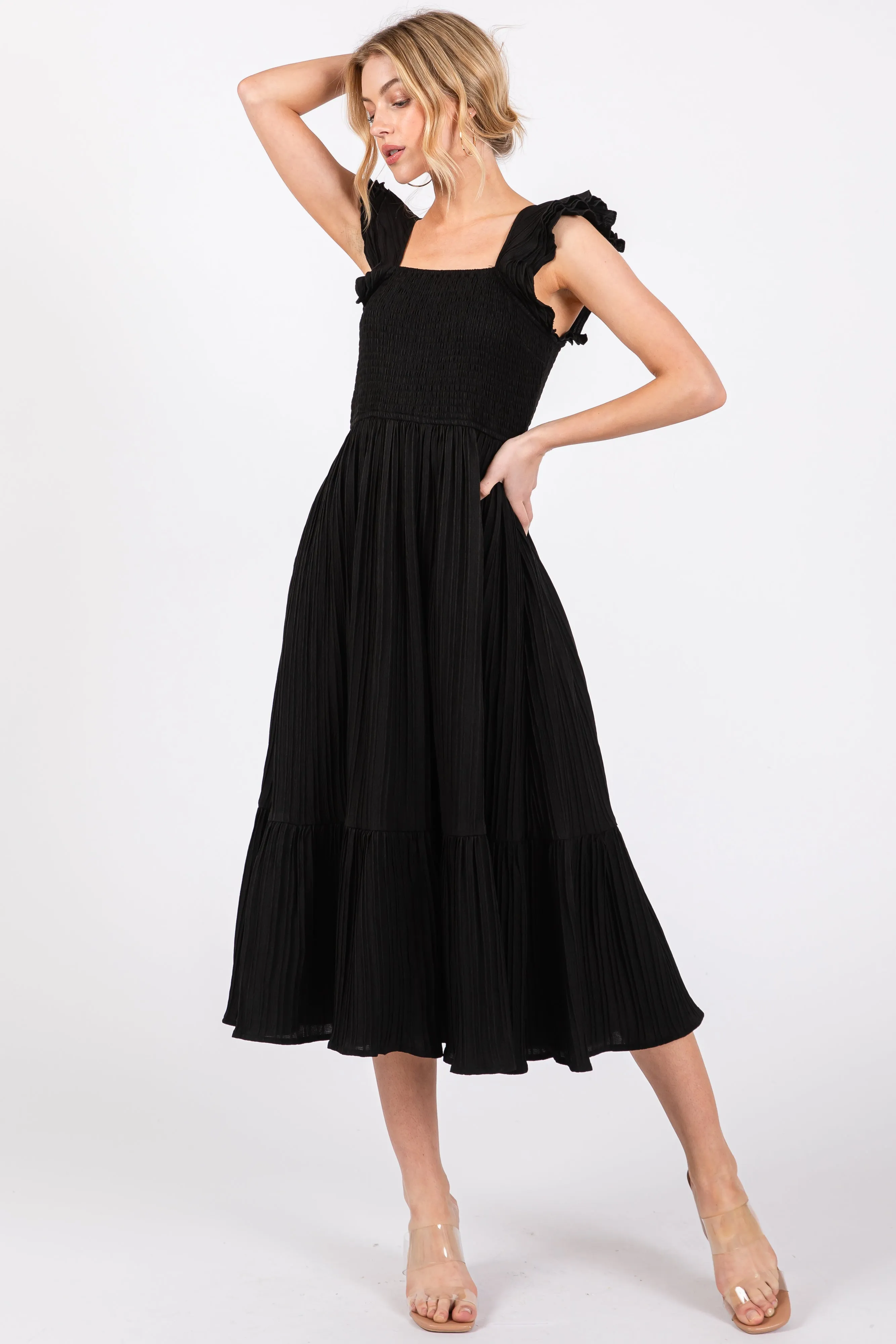 Black Striped Flutter Sleeve Midi Dress sold by Pinkblush product image thumbnail 4