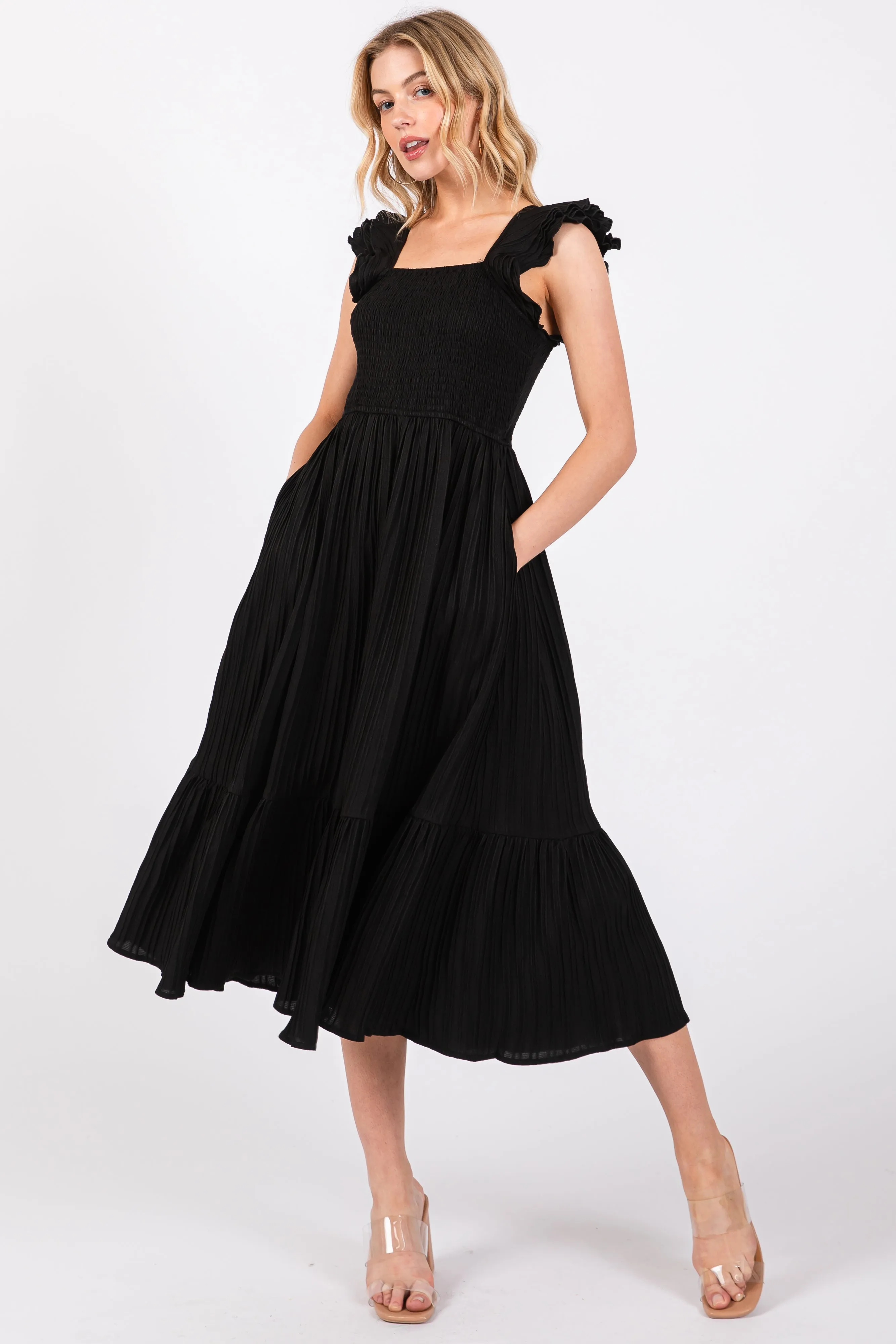 Black Striped Flutter Sleeve Midi Dress sold by Pinkblush