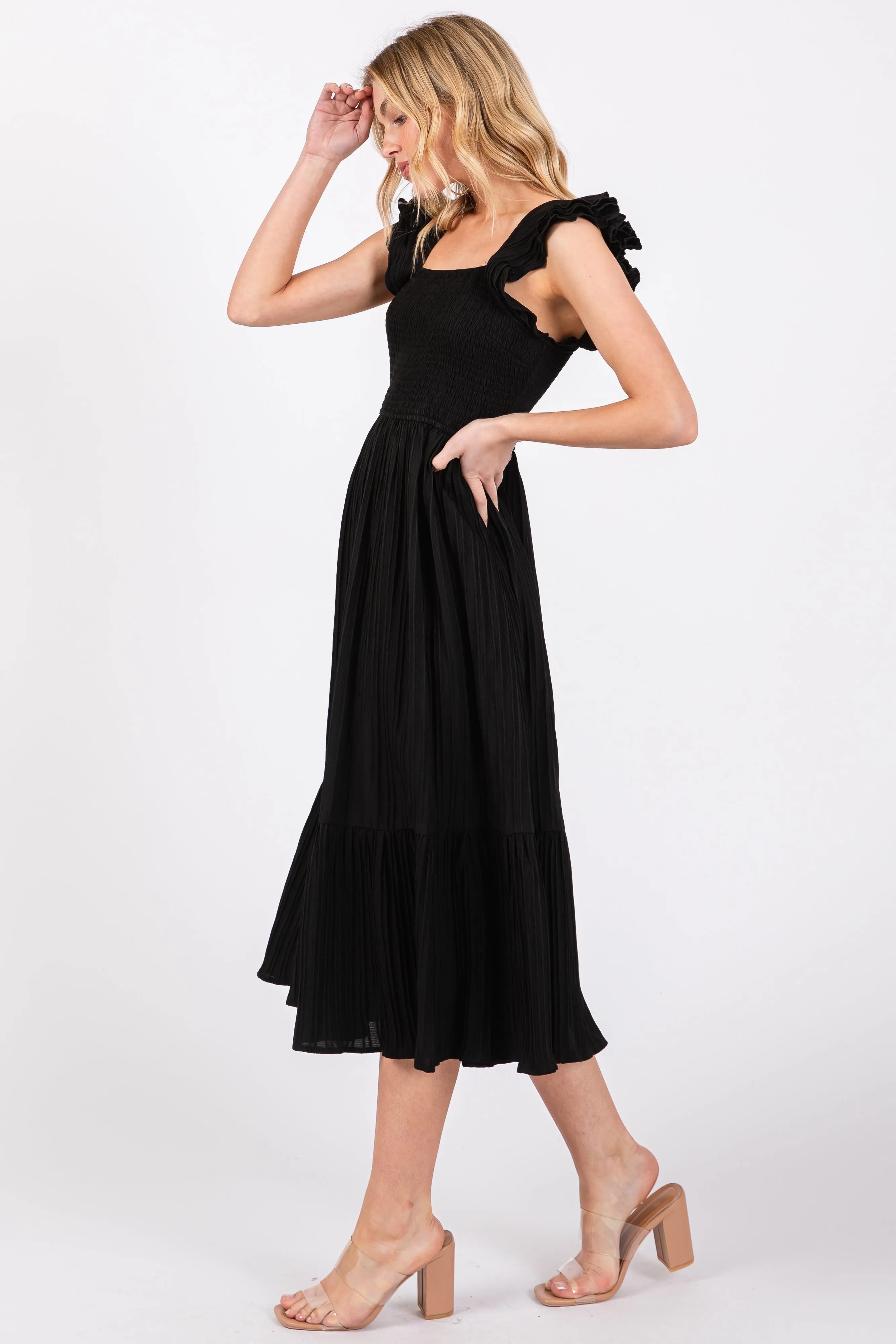 Black Striped Flutter Sleeve Midi Dress sold by Pinkblush product image thumbnail 2