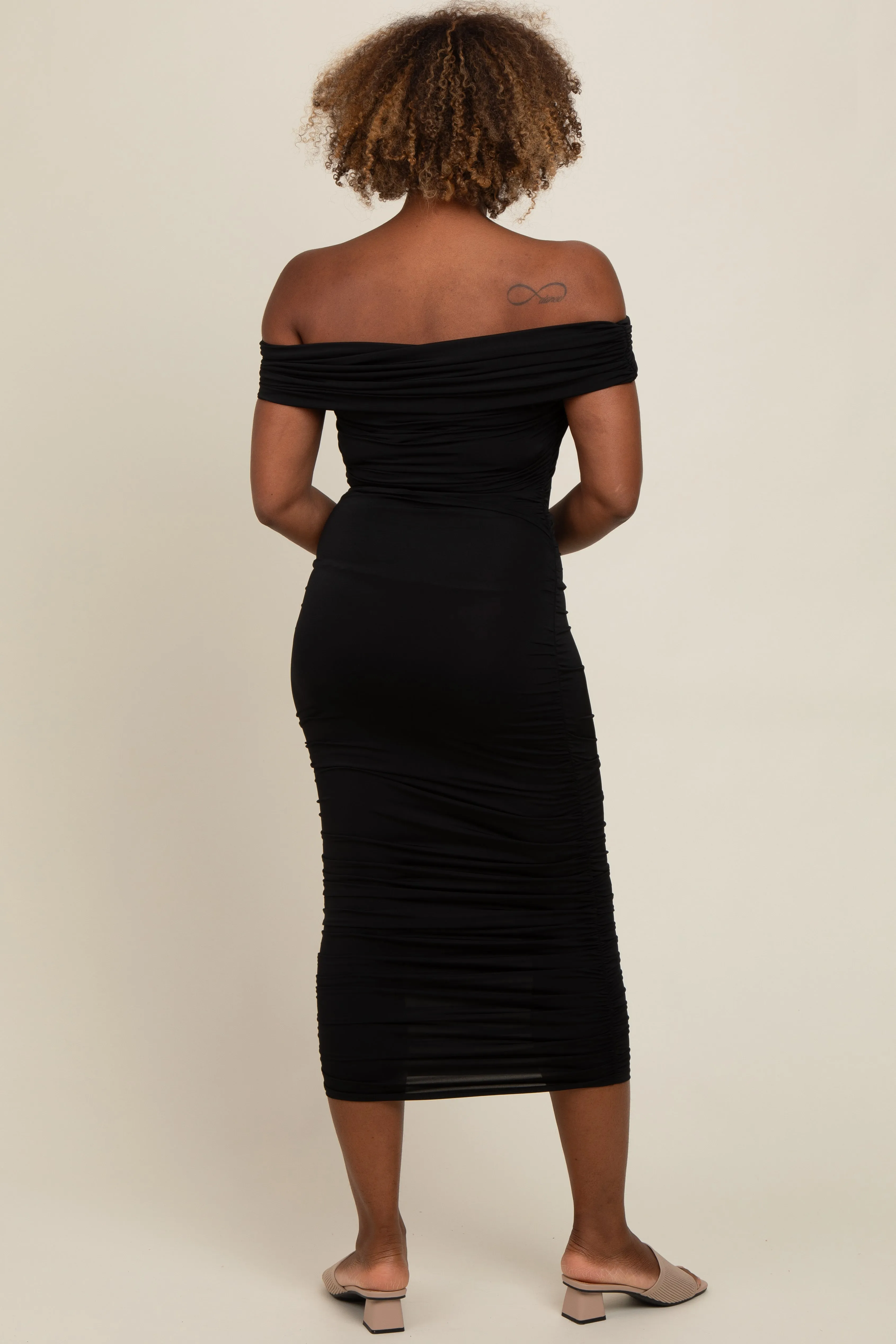 Black Off Shoulder Ruched Midi Dress sold by Pinkblush product image thumbnail 3