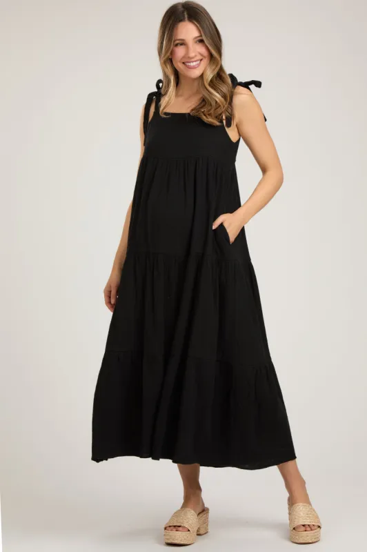Black Sleeveless Tiered Maternity Maxi Dress sold by Pinkblush