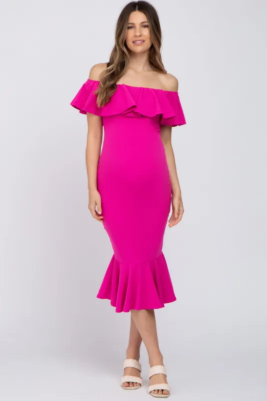 Fuchsia Ruffle Off Shoulder Mermaid Hem Maternity Dress sold by Pinkblush