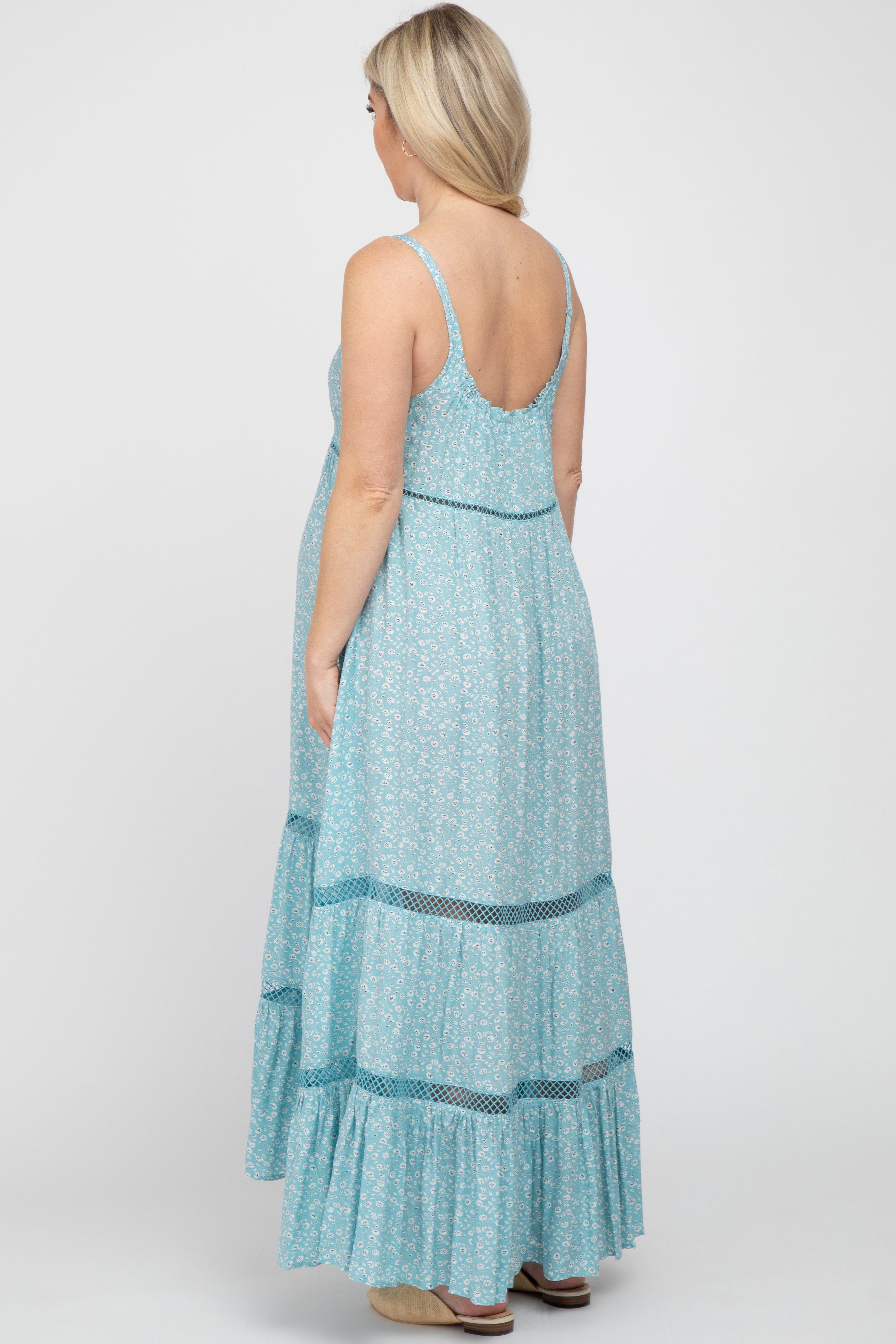 Light Blue Ditsy Floral Crochet Accent Maternity Maxi Dress sold by Pinkblush product image thumbnail 3