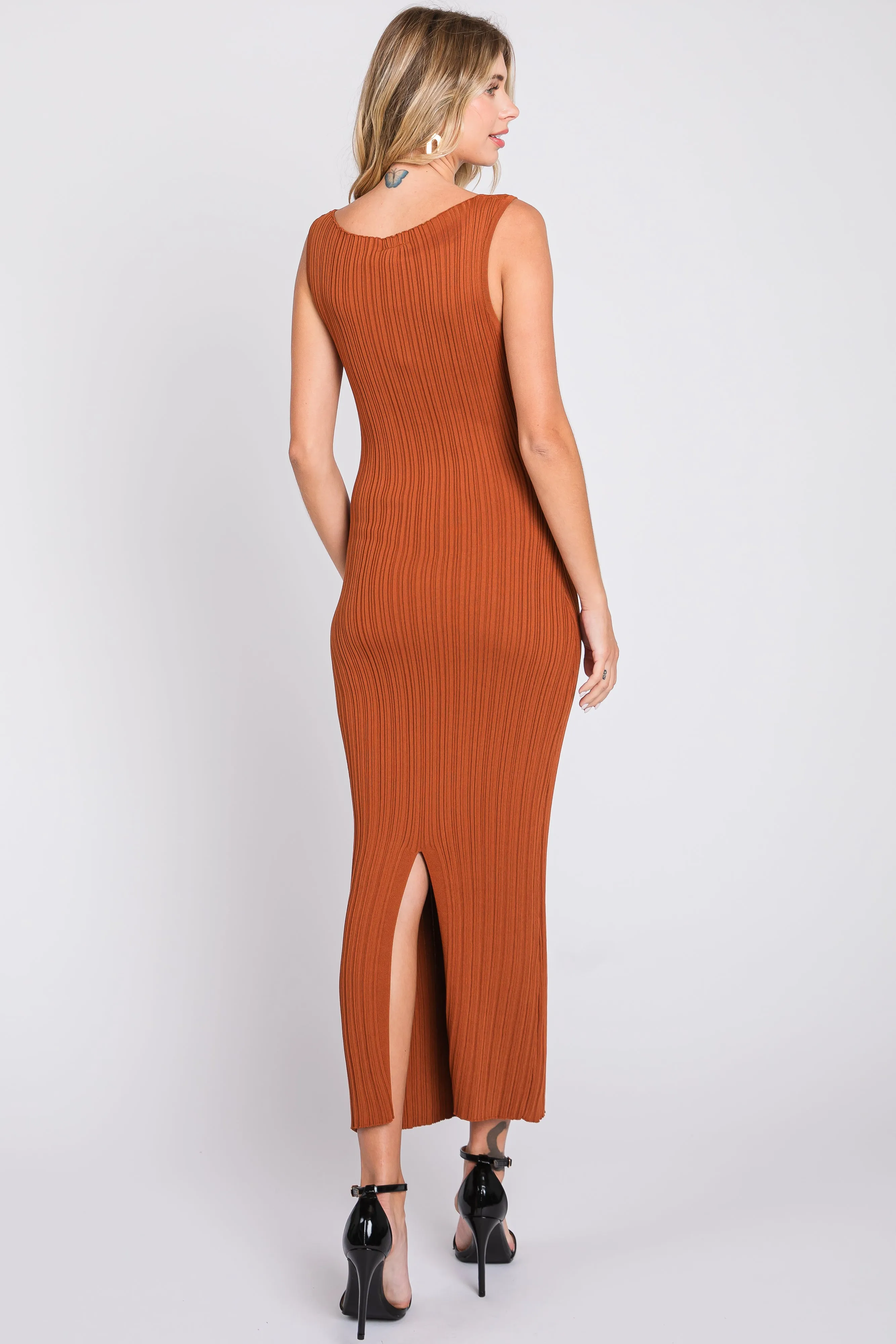 Rust Sleeveless Ribbed Maxi Dress sold by Pinkblush product image thumbnail 3
