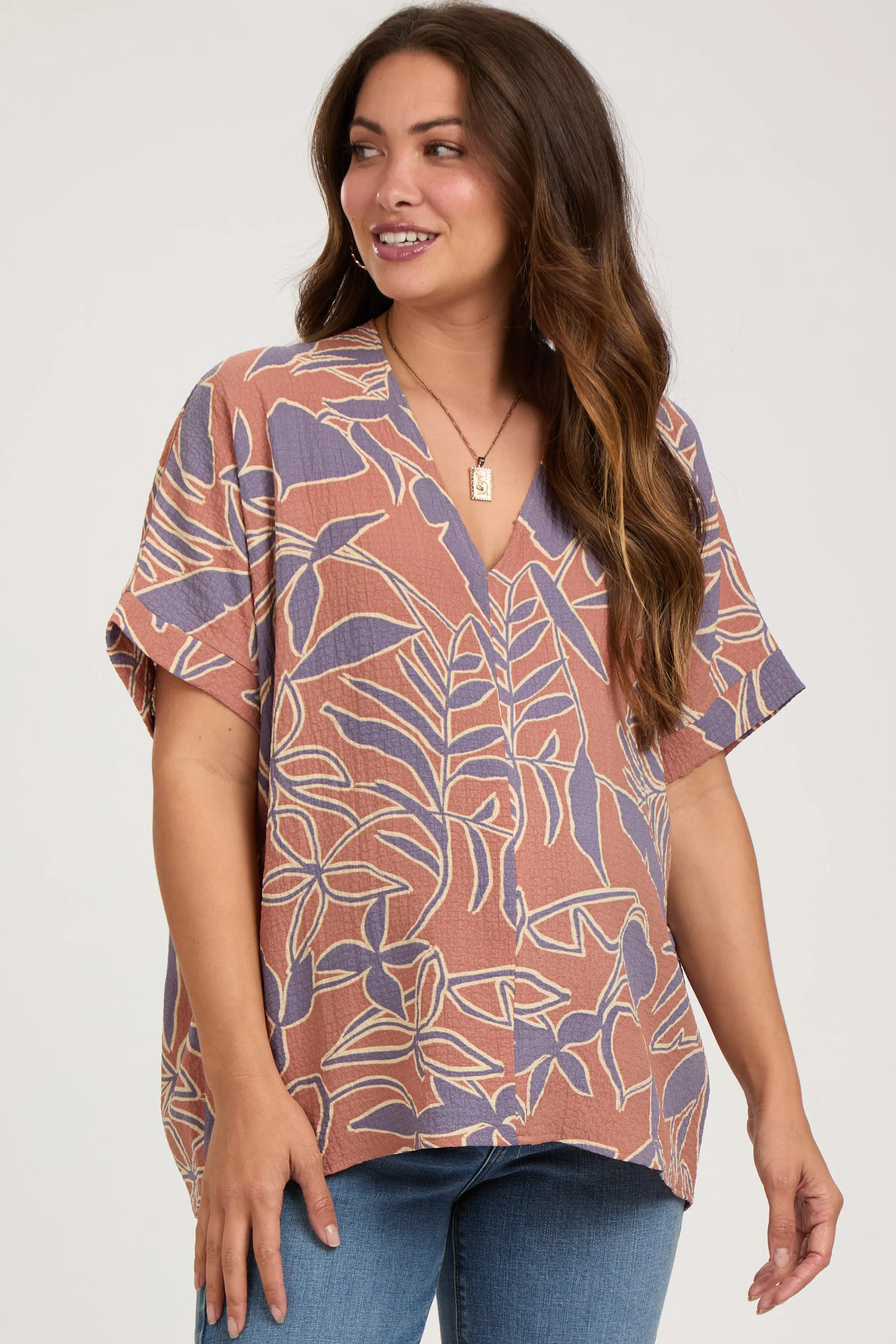 Mauve Floral Short Sleeve Maternity Blouse sold by Pinkblush