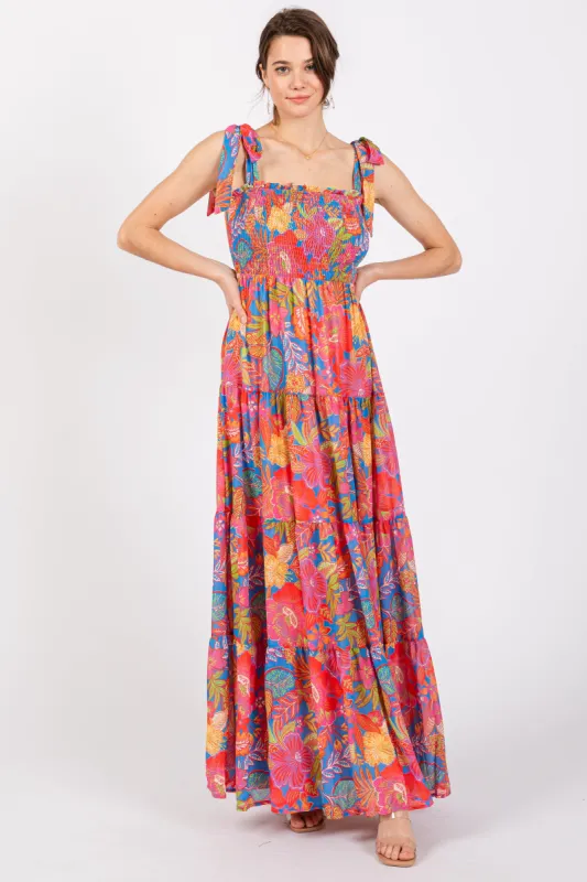 Magenta Floral Shoulder Tier Smocked Maxi Dress sold by Pinkblush
