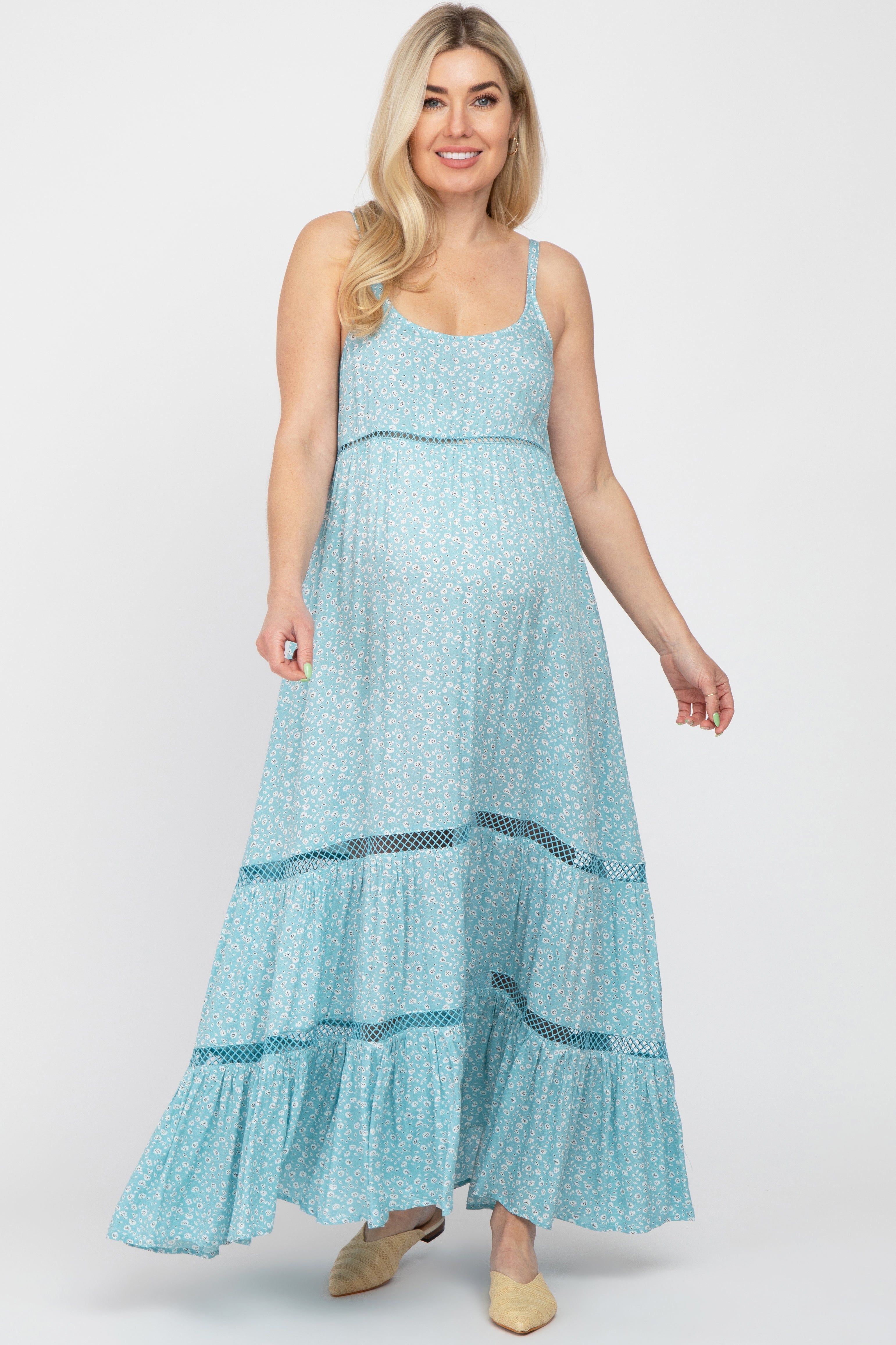 Light Blue Ditsy Floral Crochet Accent Maternity Maxi Dress sold by Pinkblush product image thumbnail 2