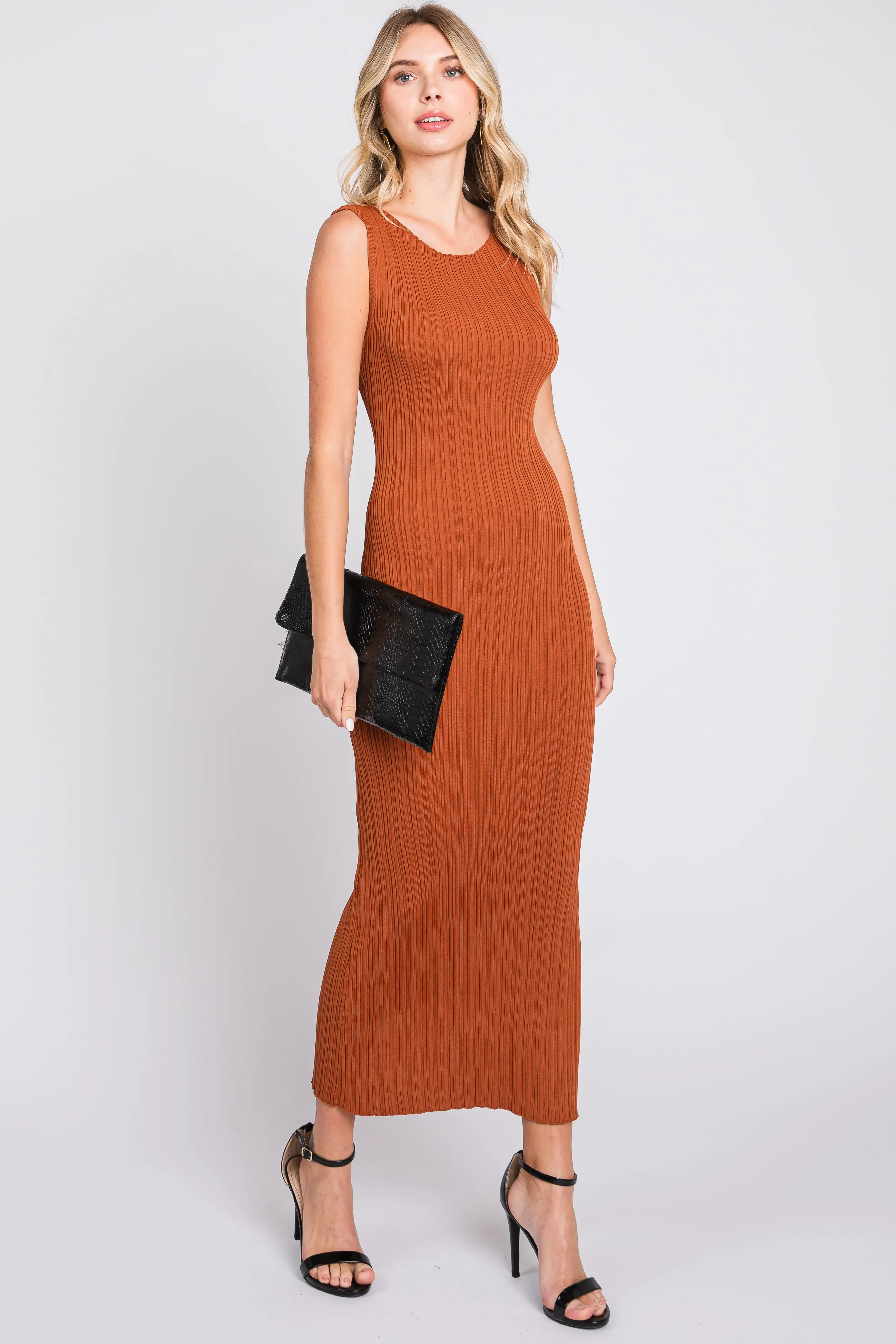 Rust Sleeveless Ribbed Maxi Dress sold by Pinkblush product image thumbnail 4