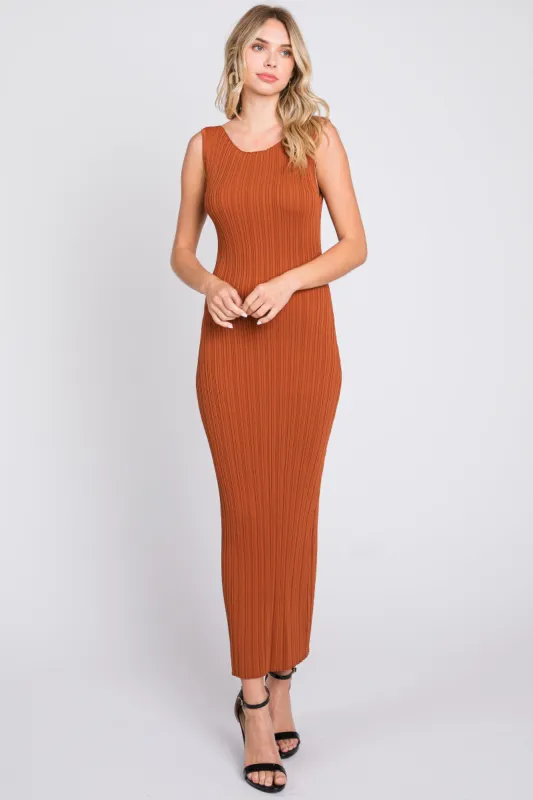 Rust Sleeveless Ribbed Maxi Dress sold by Pinkblush