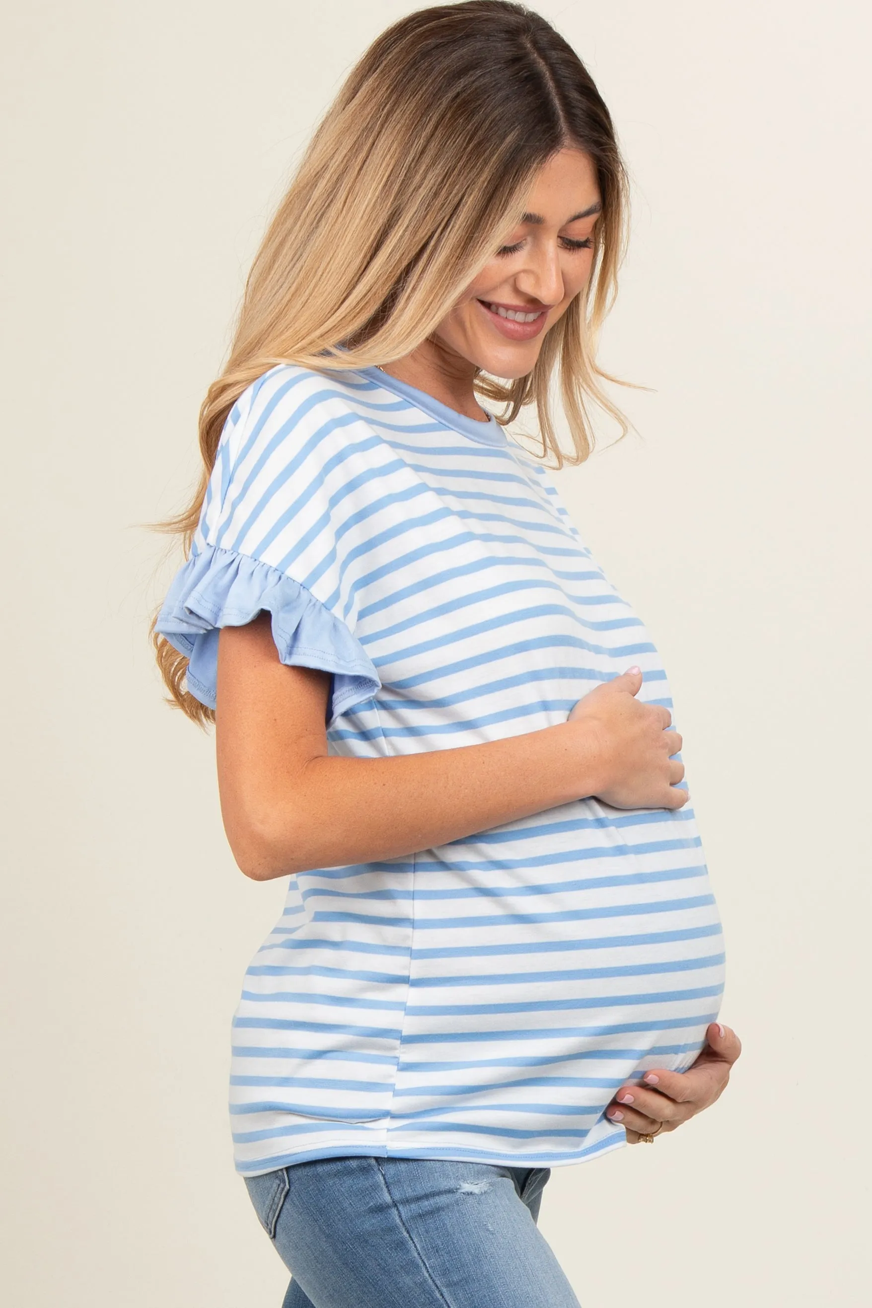 Light Blue Striped Ruffle Sleeve Maternity Top sold by Pinkblush product image thumbnail 3