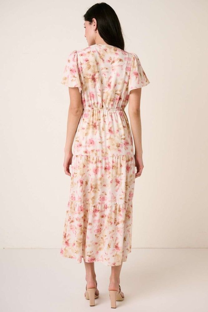 Pink Flower Print Flutter Sleeve V Slit Maxi Dress sold by Pinkblush product image thumbnail 3