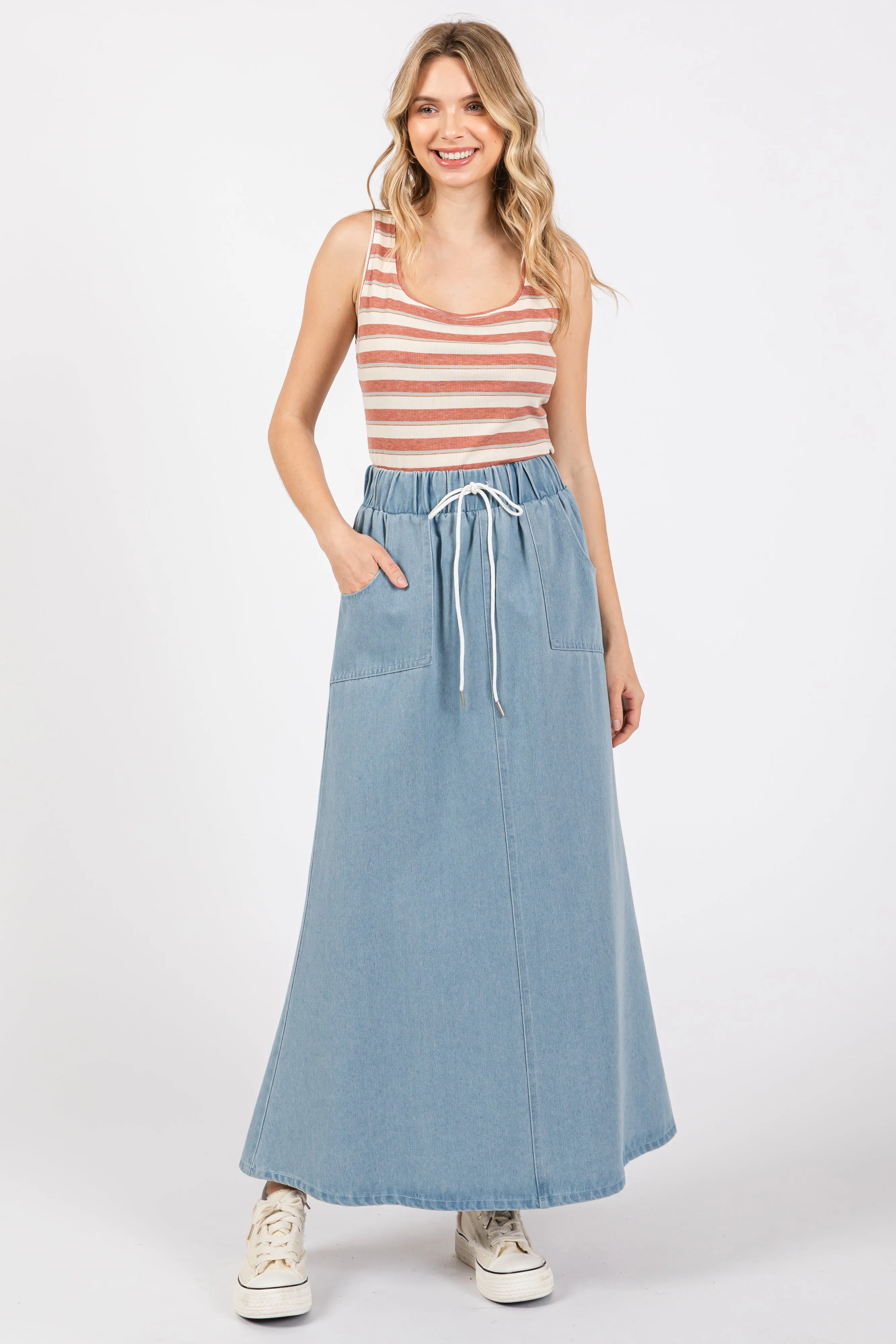 Light Blue Denim Front Tie Maxi Skirt sold by Pinkblush