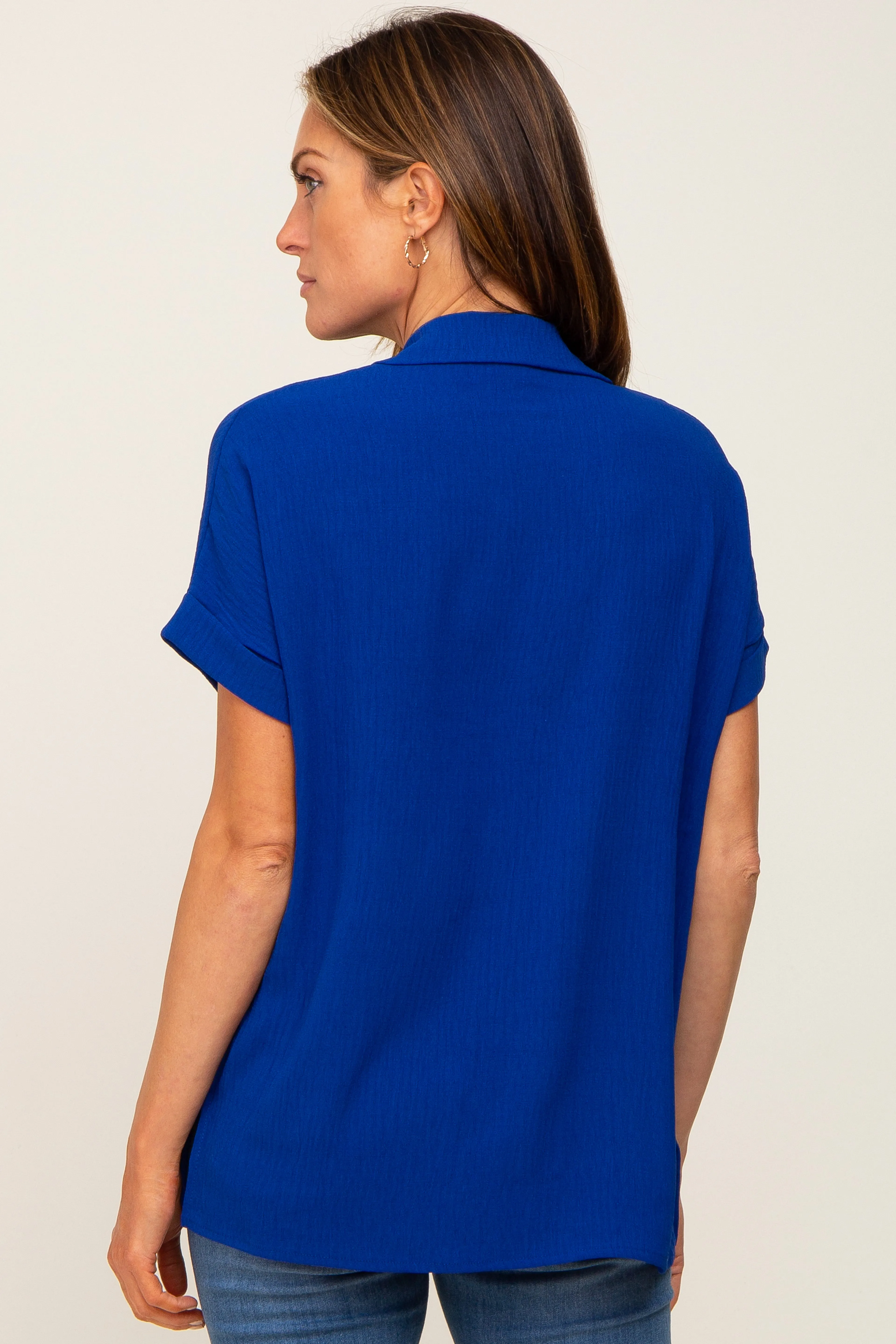 Royal Blue Collared Button-Down Short Sleeve Blouse sold by Pinkblush product image thumbnail 3