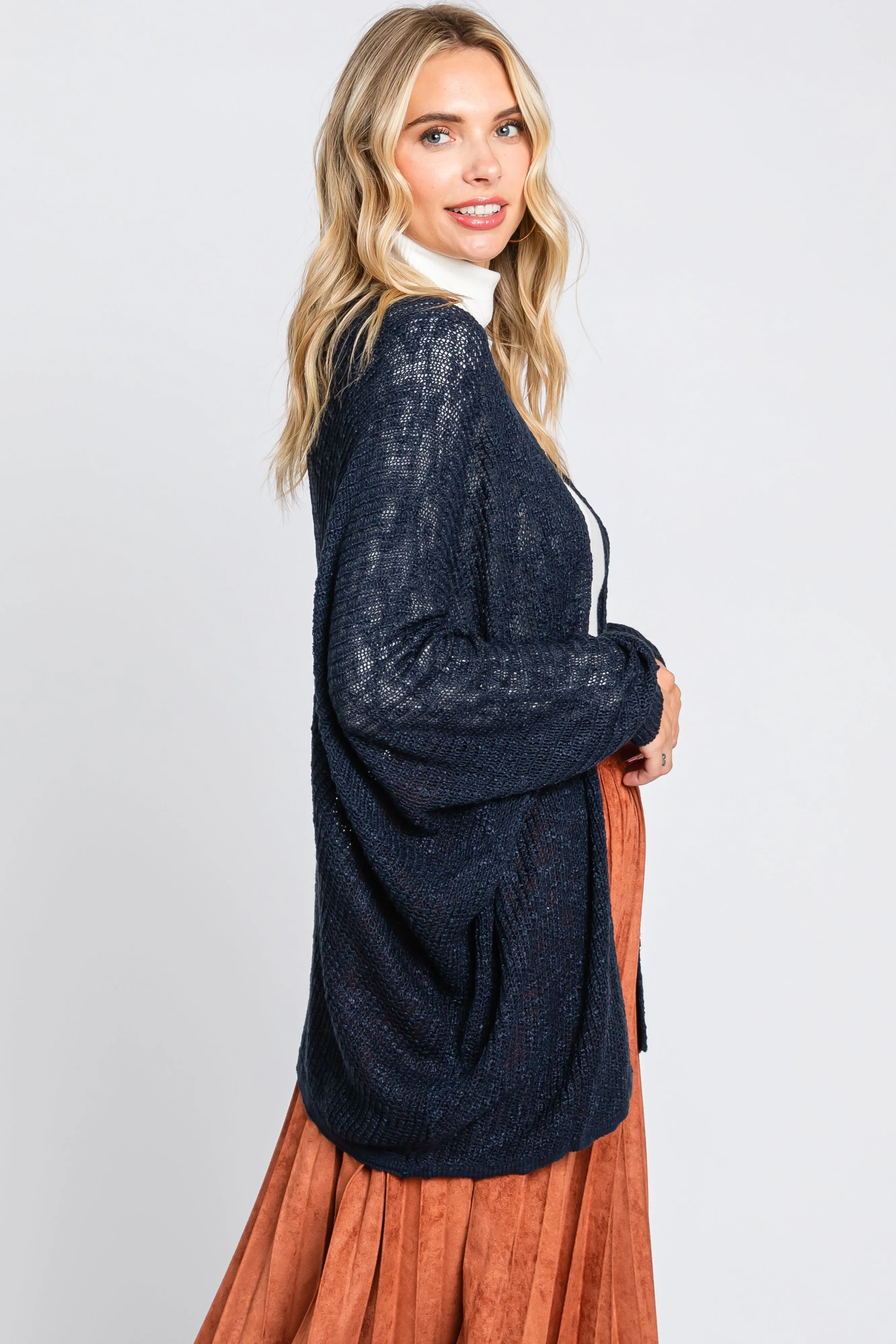 Navy Open Knit Long Dolman Sleeve Cardigan sold by Pinkblush product image thumbnail 3