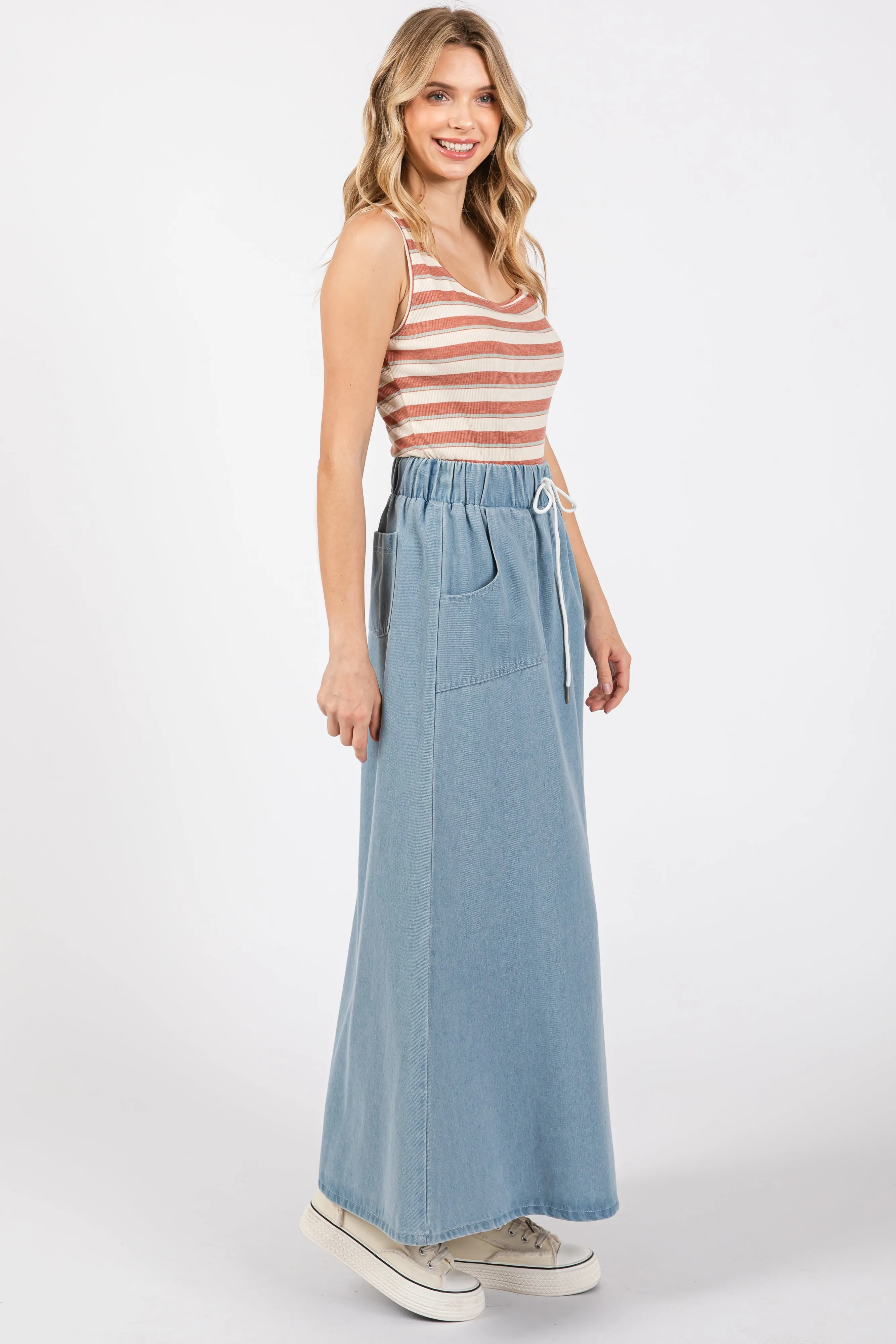 Light Blue Denim Front Tie Maxi Skirt sold by Pinkblush product image thumbnail 2