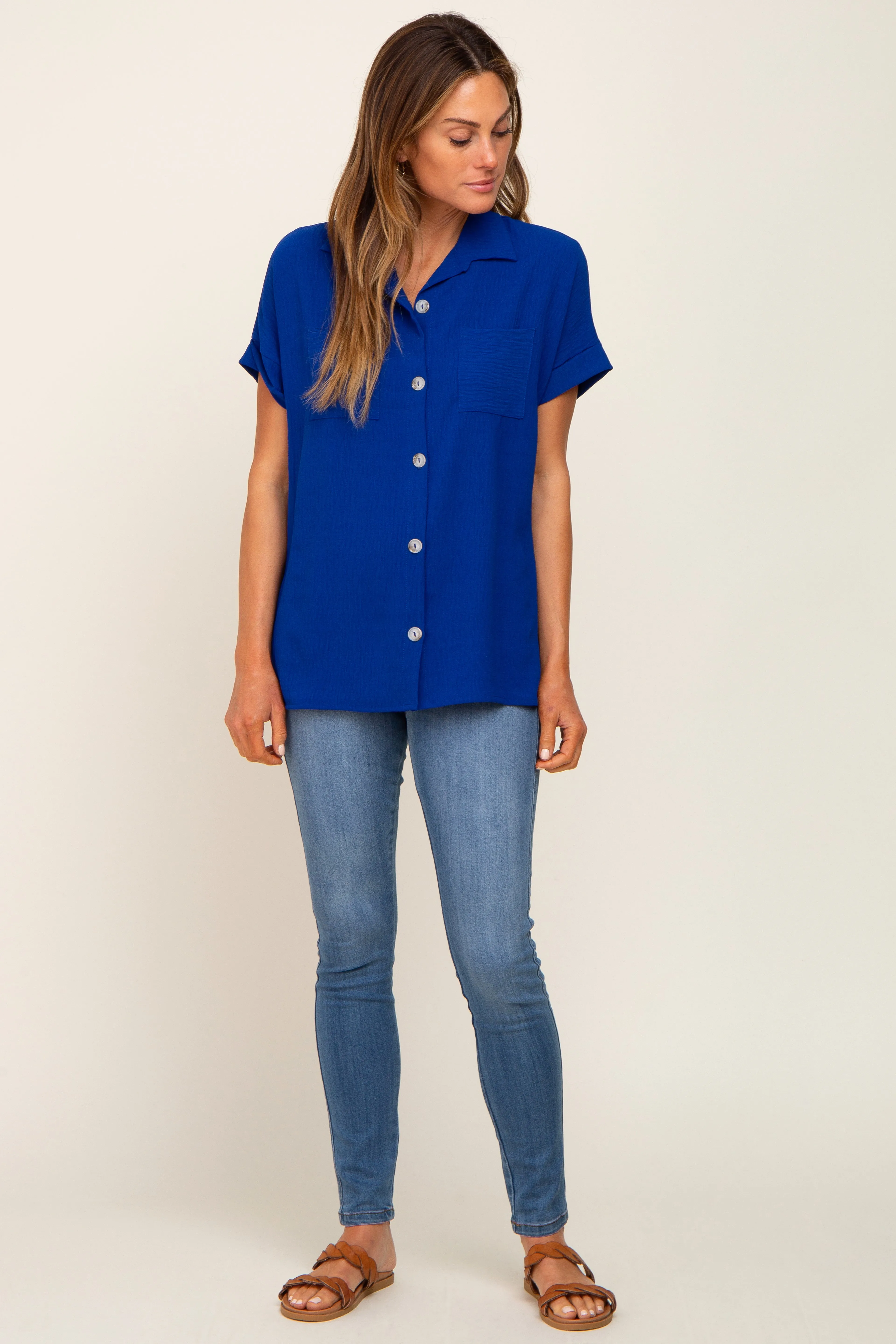 Royal Blue Collared Button-Down Short Sleeve Blouse sold by Pinkblush product image thumbnail 4
