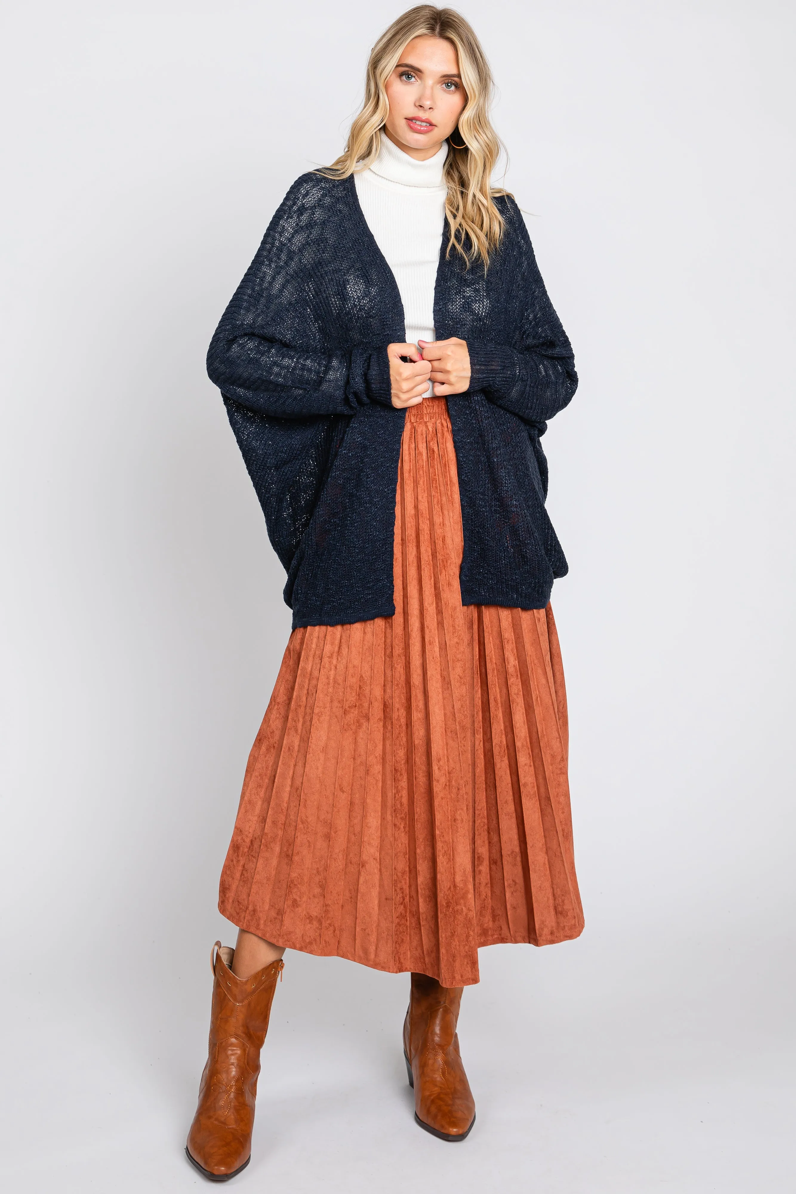 Navy Open Knit Long Dolman Sleeve Cardigan sold by Pinkblush