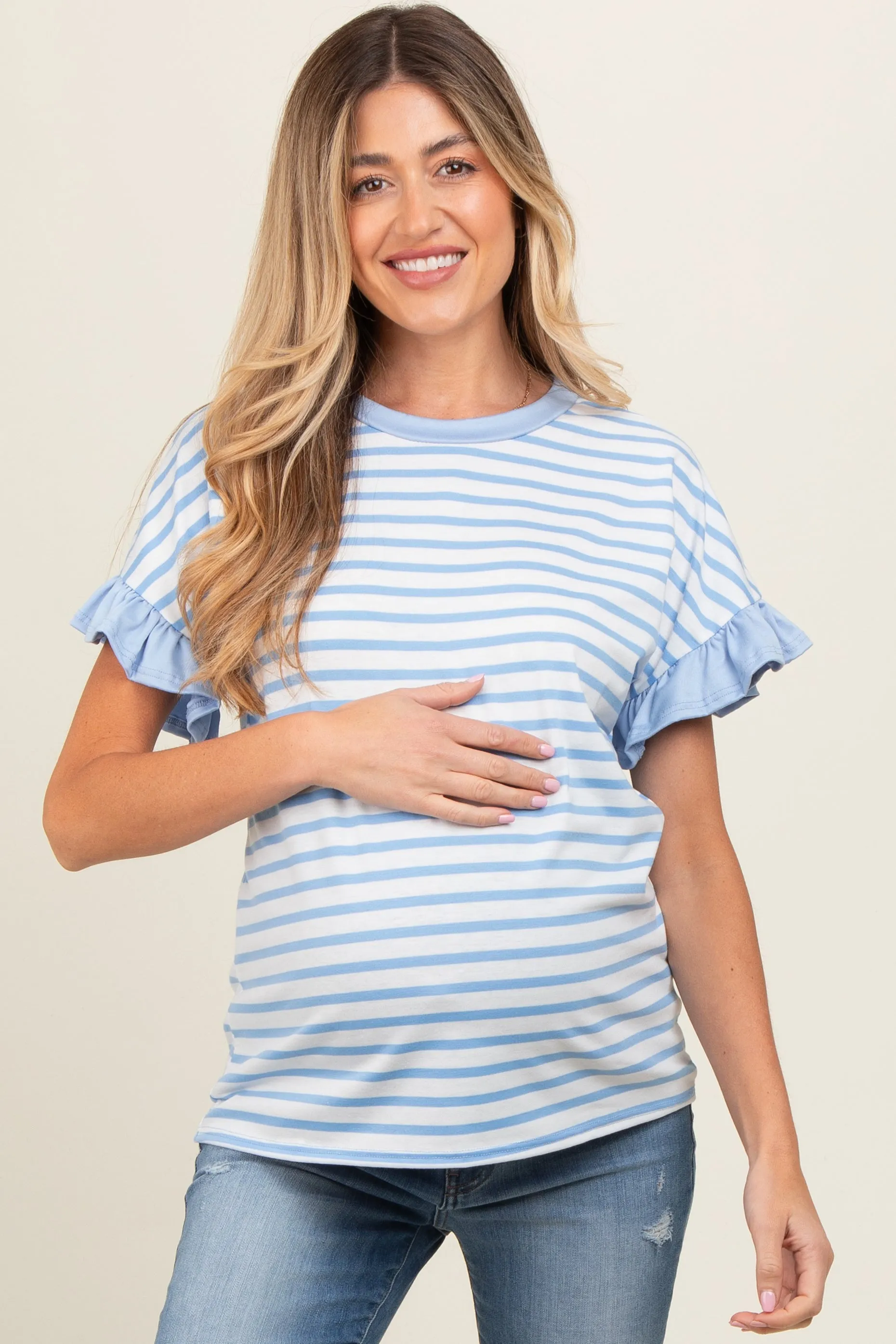 Light Blue Striped Ruffle Sleeve Maternity Top sold by Pinkblush product image thumbnail 2