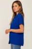 Royal Blue Collared Button-Down Short Sleeve Blouse sold by Pinkblush