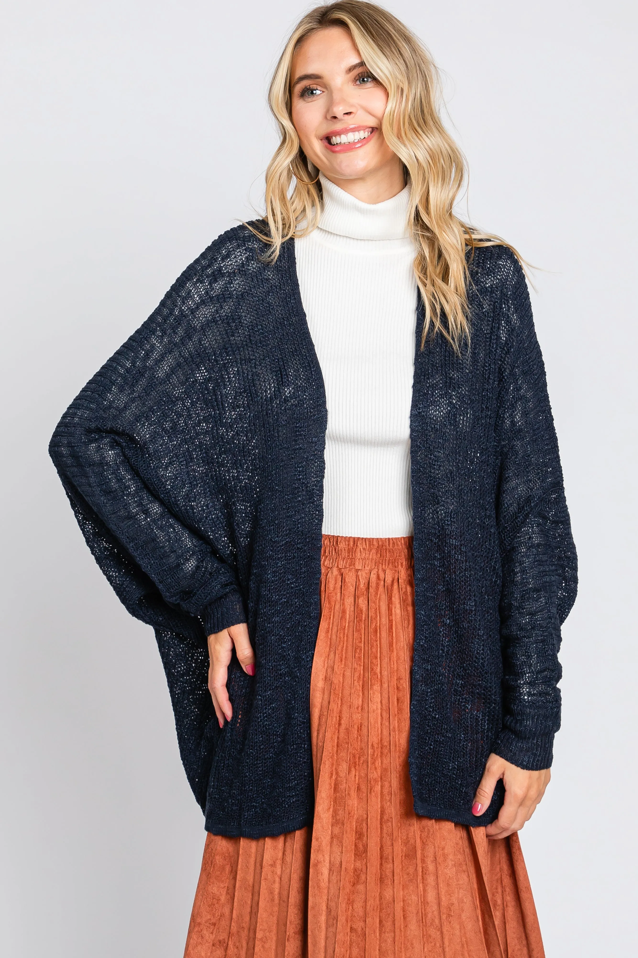 Navy Open Knit Long Dolman Sleeve Cardigan sold by Pinkblush product image thumbnail 2