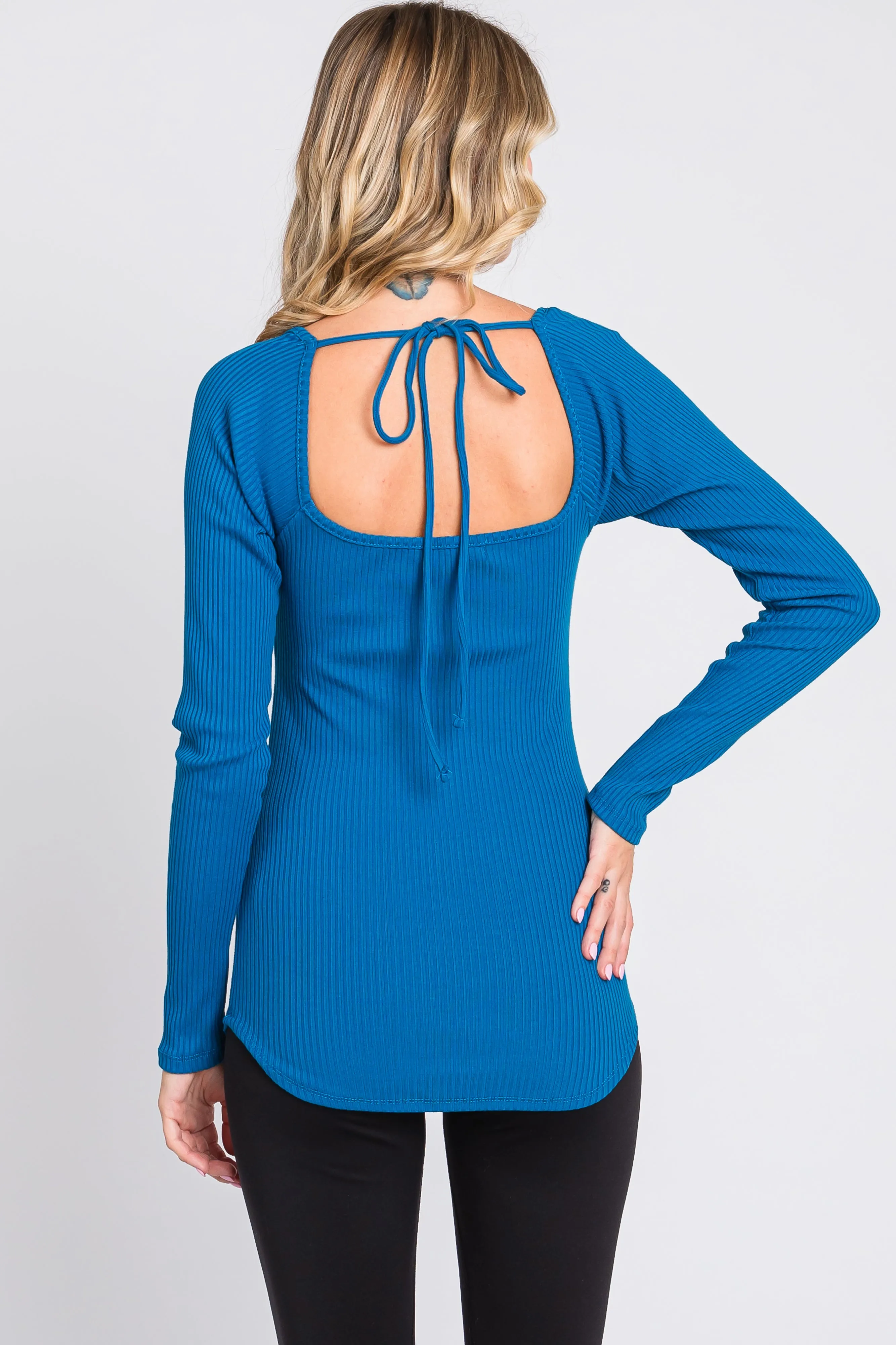 Blue Ribbed Sweetheart Neck Long Sleeve Top sold by Pinkblush product image thumbnail 3